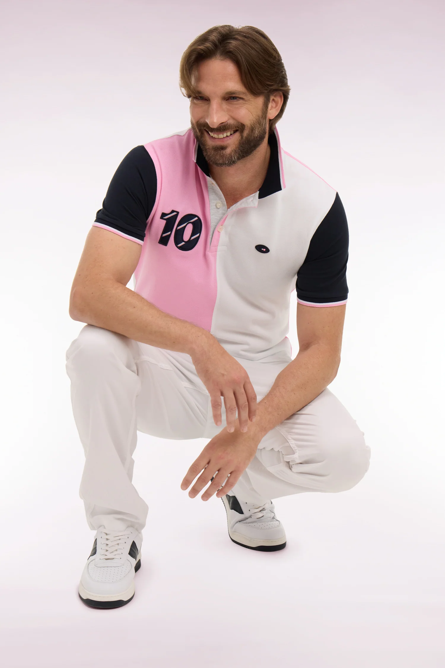 Polo à manches courtes XV de France en coton rose à découpes cadran