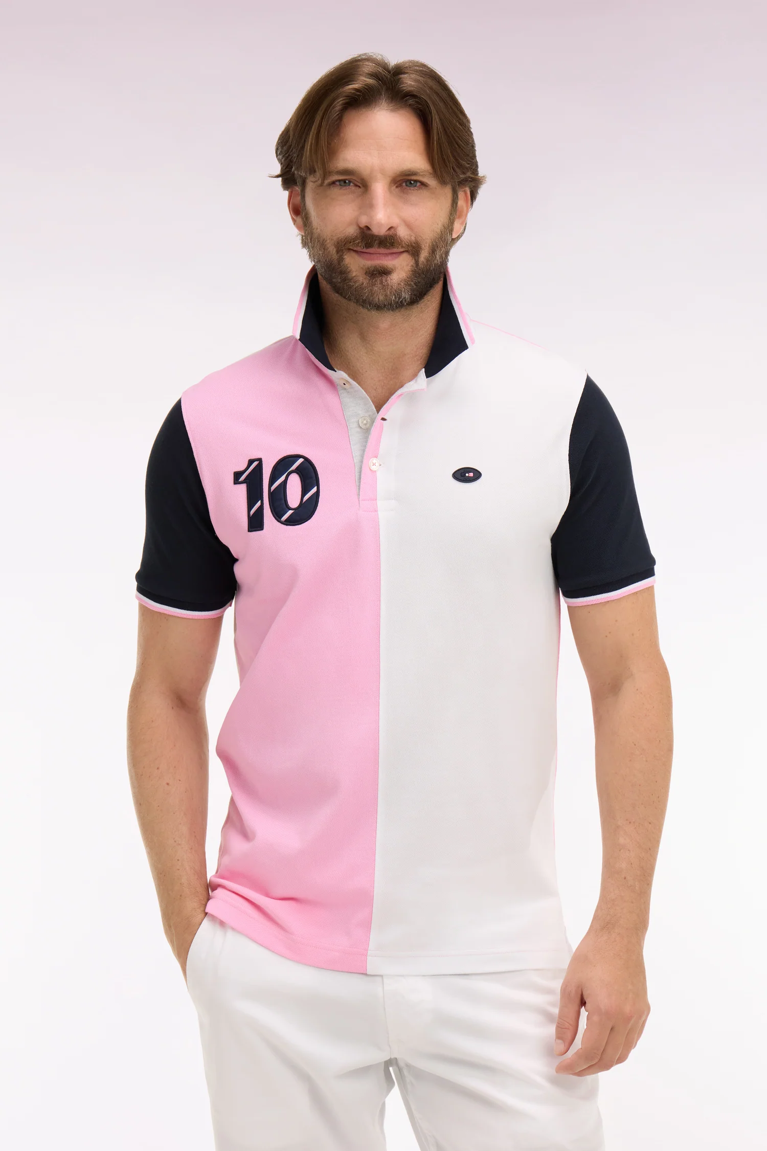 Polo à manches courtes XV de France en coton rose à découpes cadran - Image 3