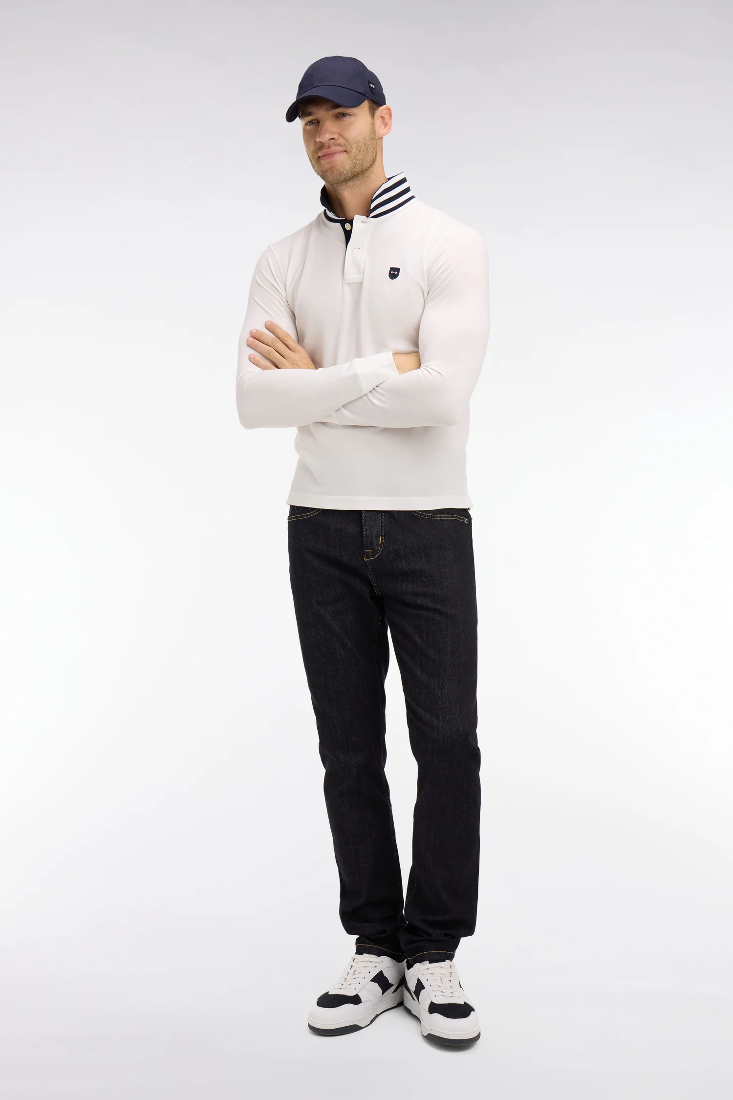 Polo manches longues blanc en coton avec col contrasté