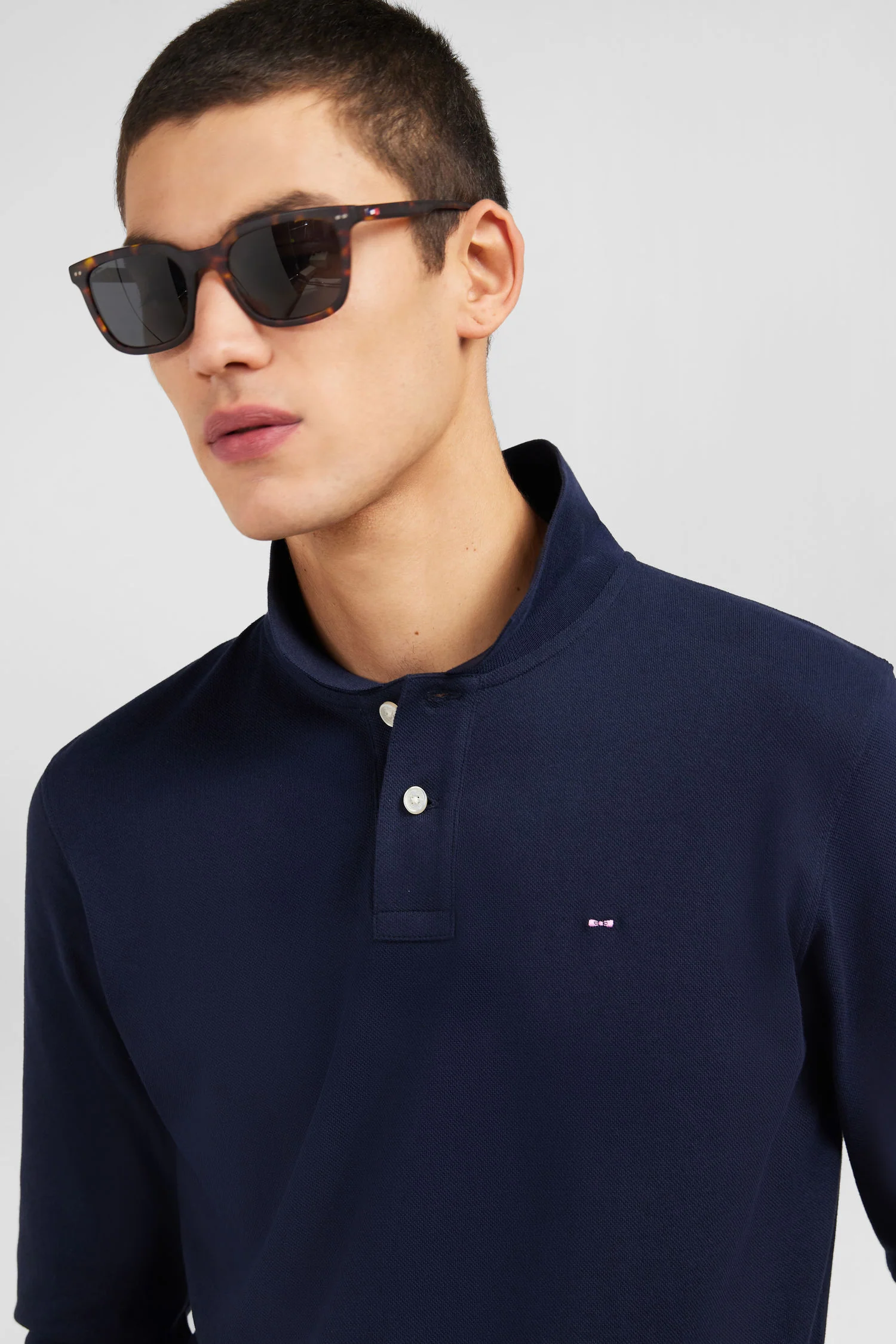 Polo manches longues bleu marine uni en piqué de coton stretch - Image 3