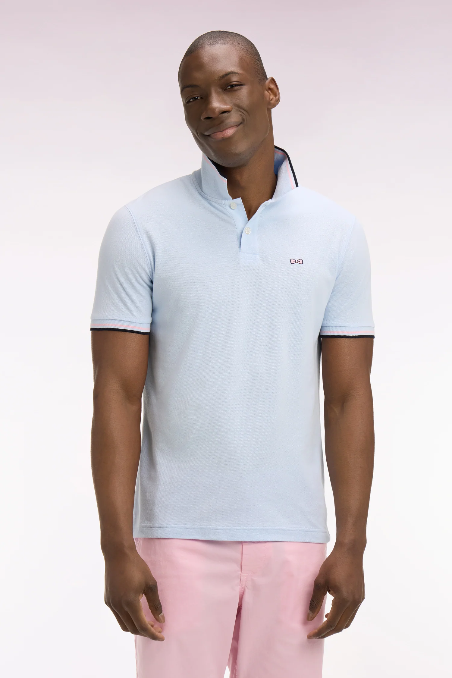 Polo manches courtes en coton ciel détails rayés coupe regular - Image 3