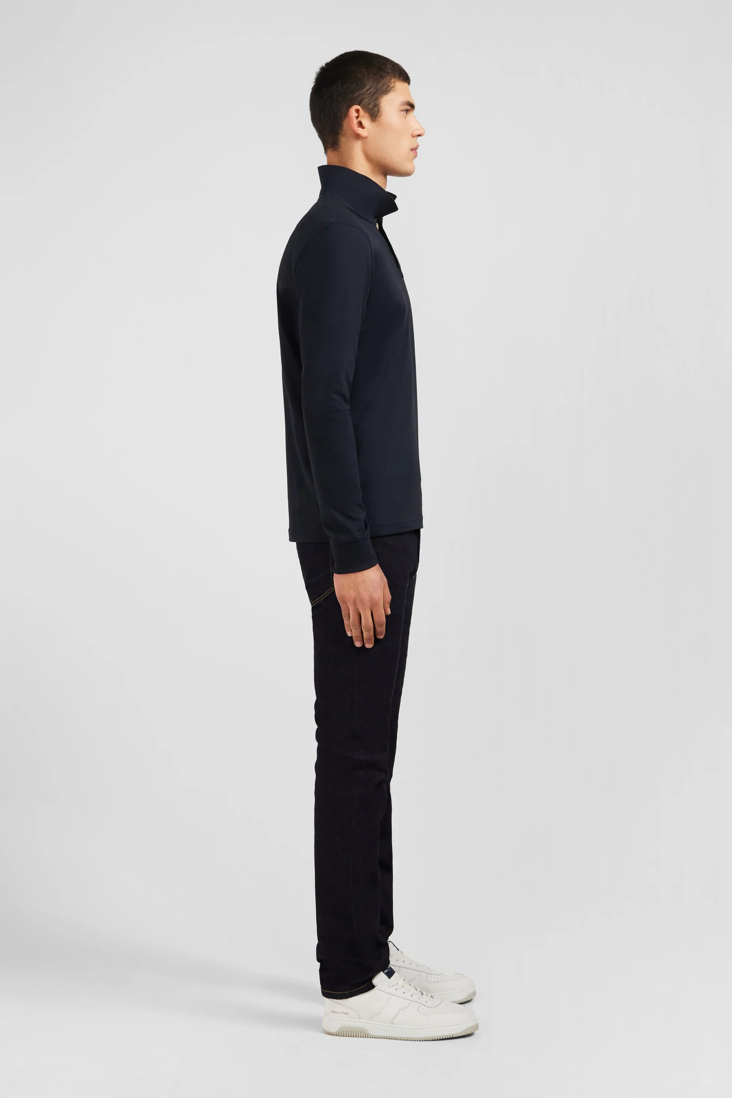 Polo manches longues noir uni en piqué de coton stretch - Image 5