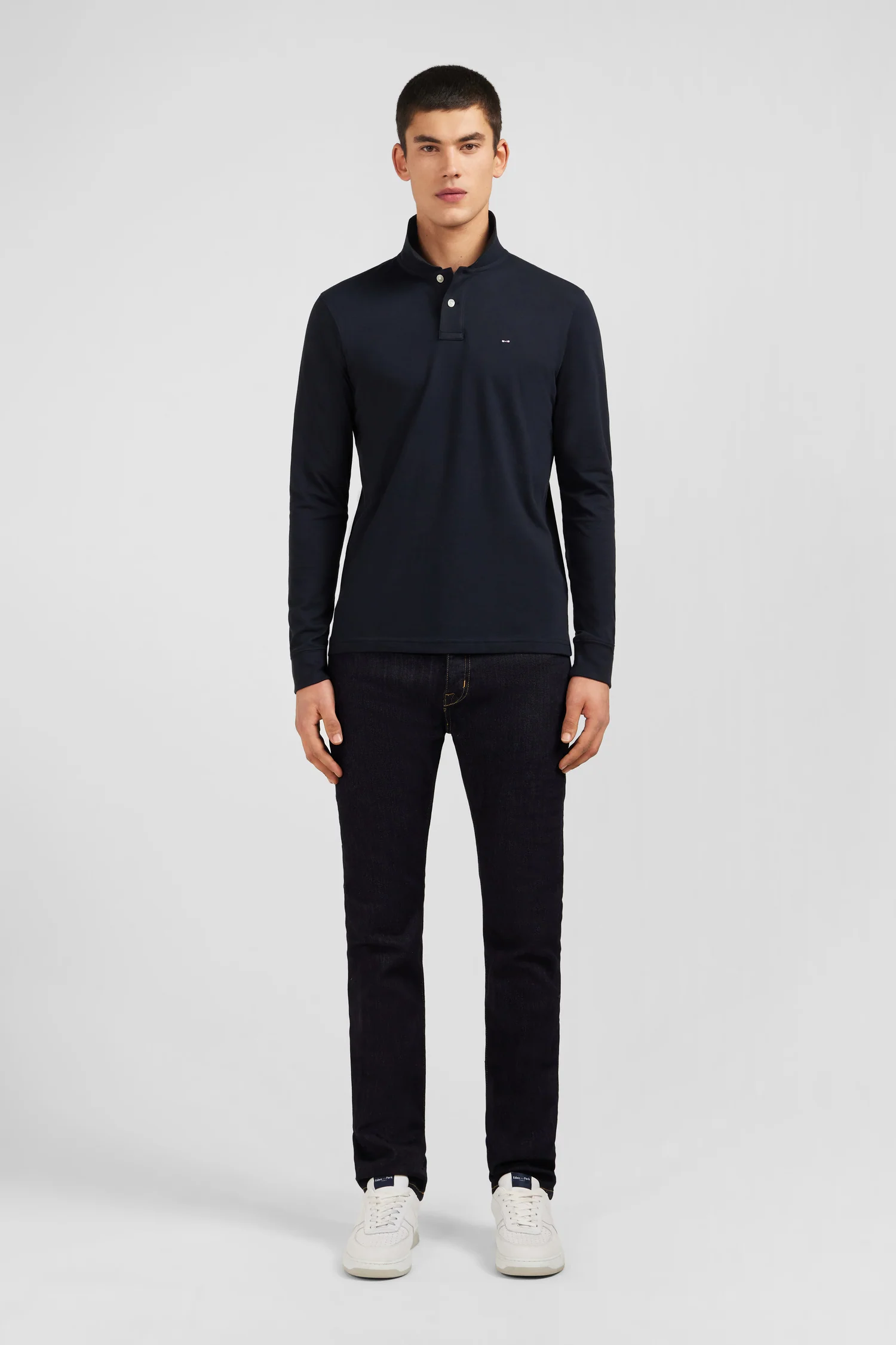 Polo manches longues noir uni en piqué de coton stretch - Image 7