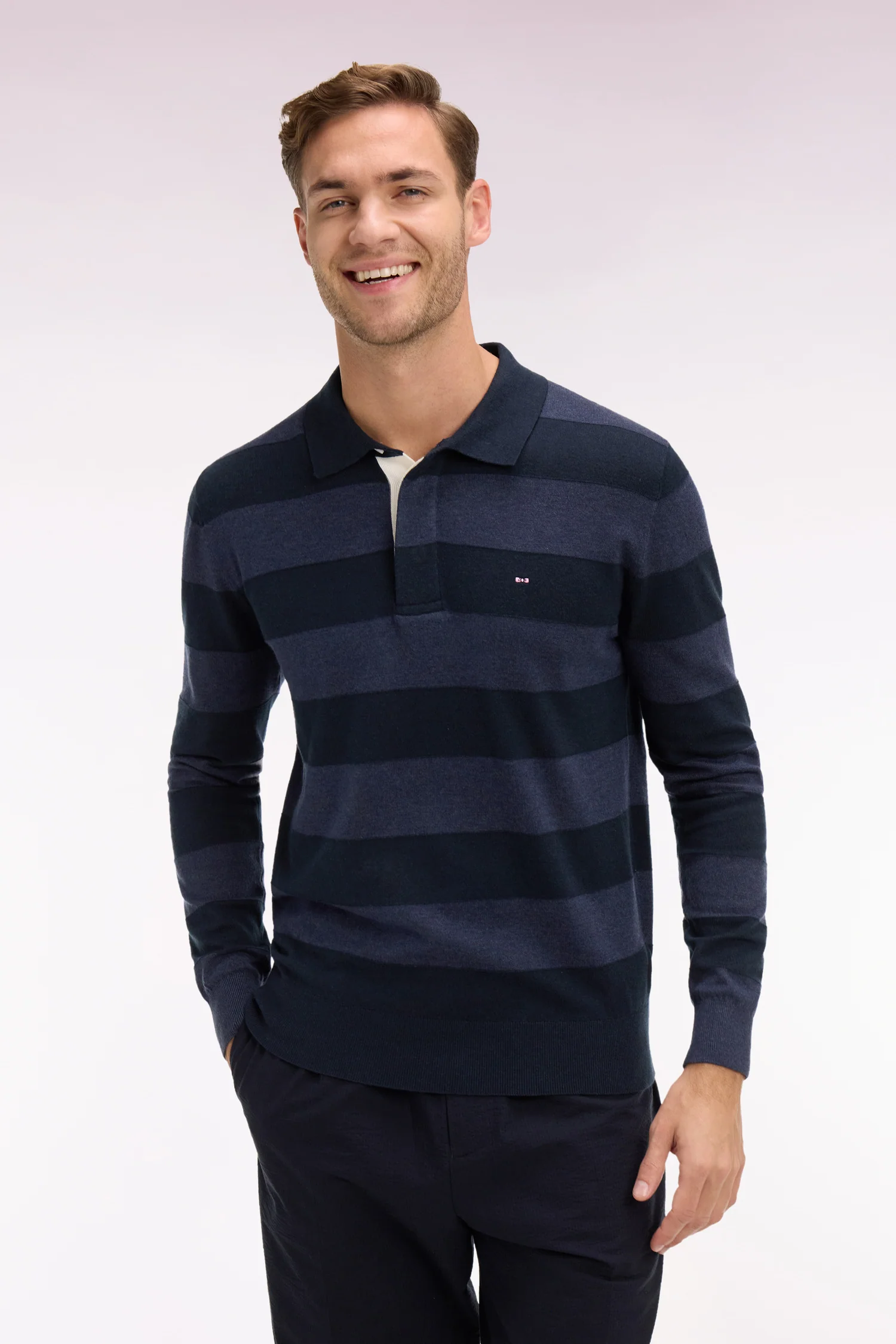 Pull col maillot rayé en coton et lyocell mélangés marine - Image 3