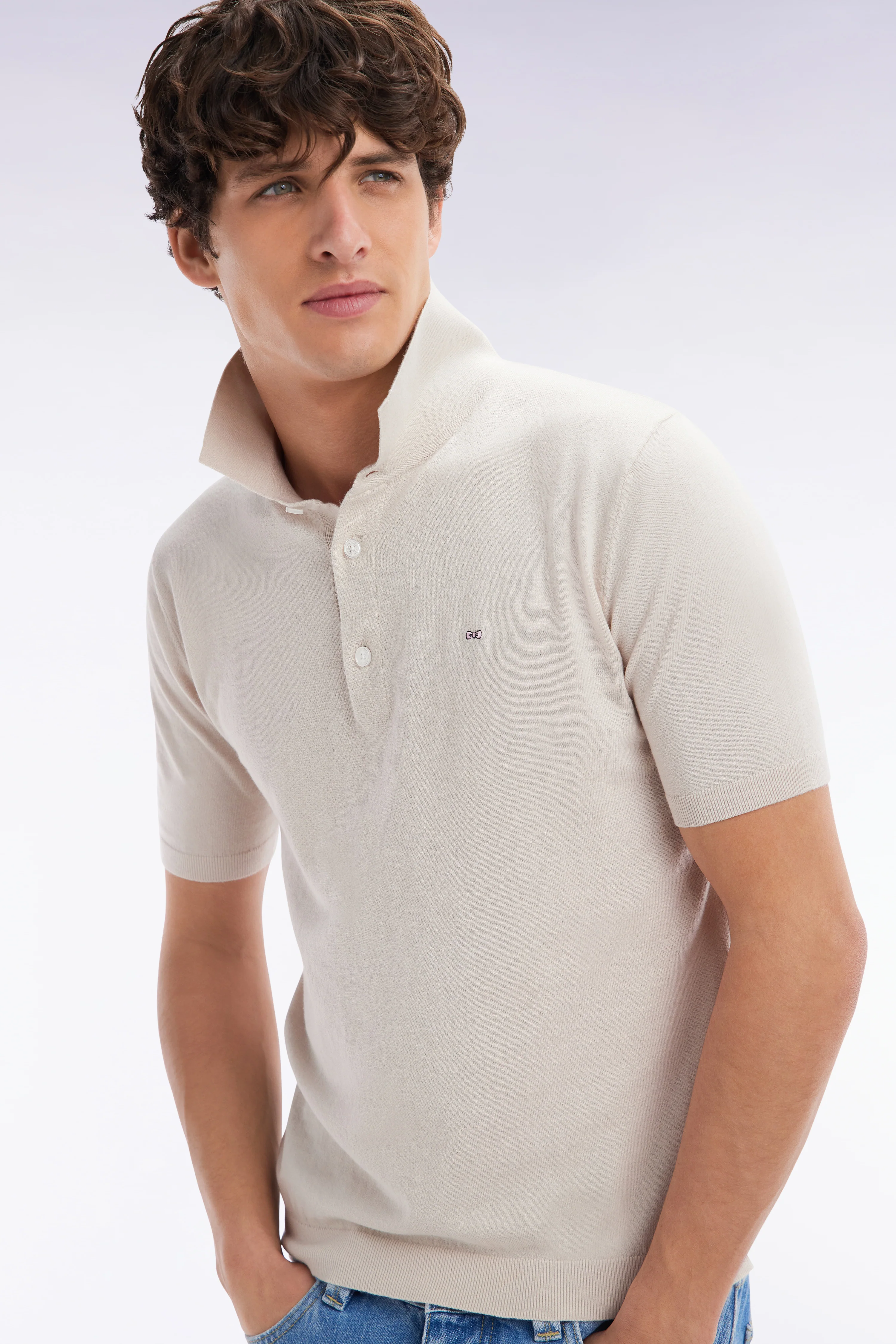Pull col polo en coton et soie mélangés beige coupe droite - Image 2