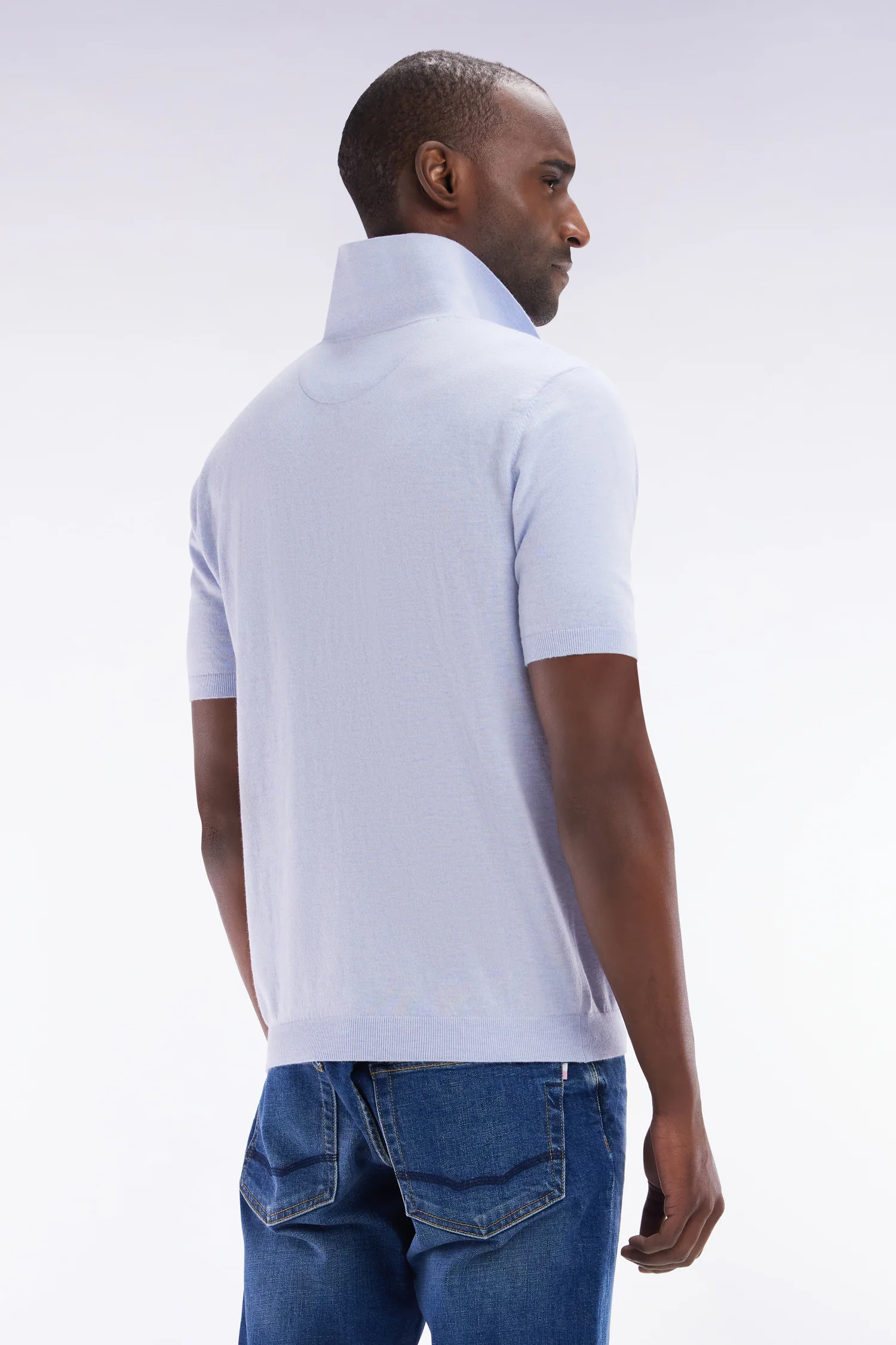 Pull col polo en coton et soie mélangés gris clair coupe droite - Image 4