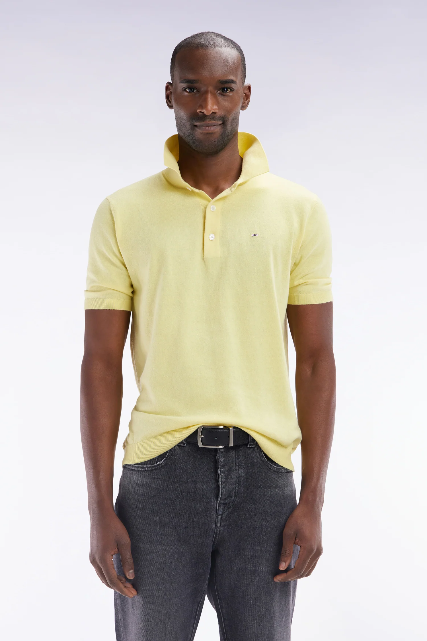 Pull col polo en coton et soie mélangés jaune coupe droite