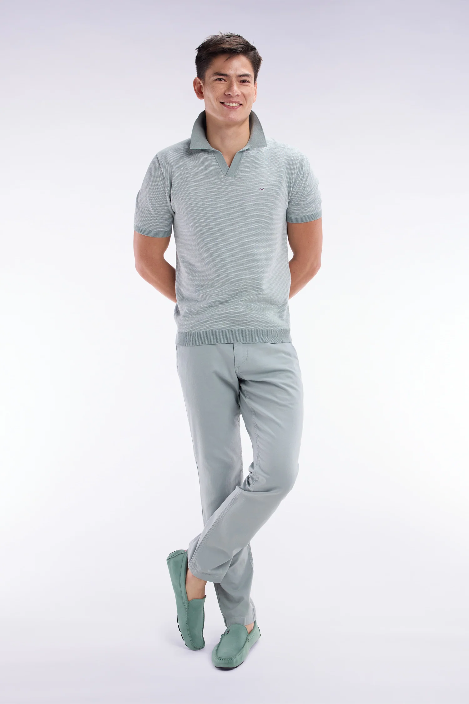 Pull col polo en coton gris clair coupe droite - Image 3