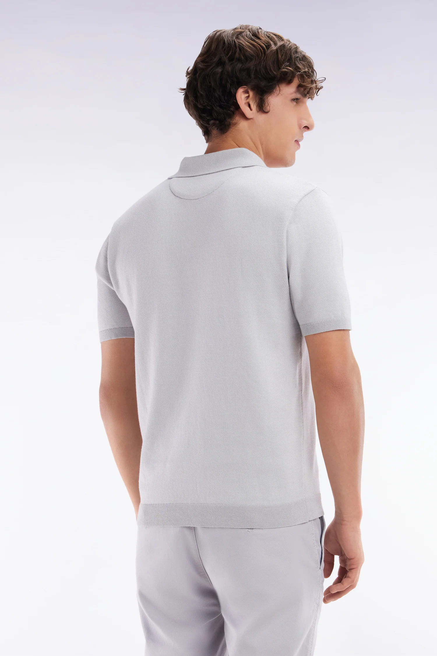 Pull col polo en coton gris coupe droite - Image 4