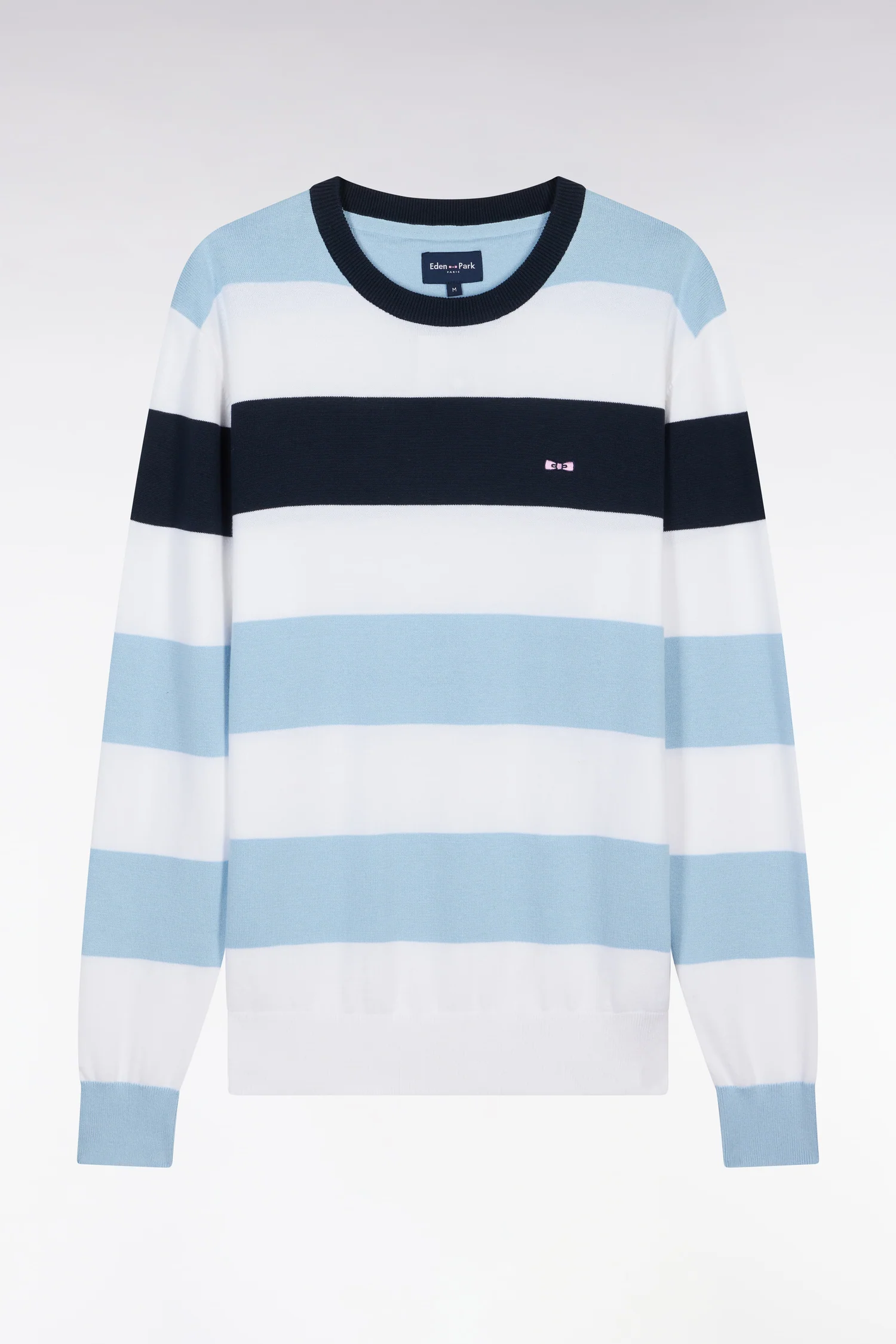 Pull col rond cerclé en coton ciel et blanc - Image 2