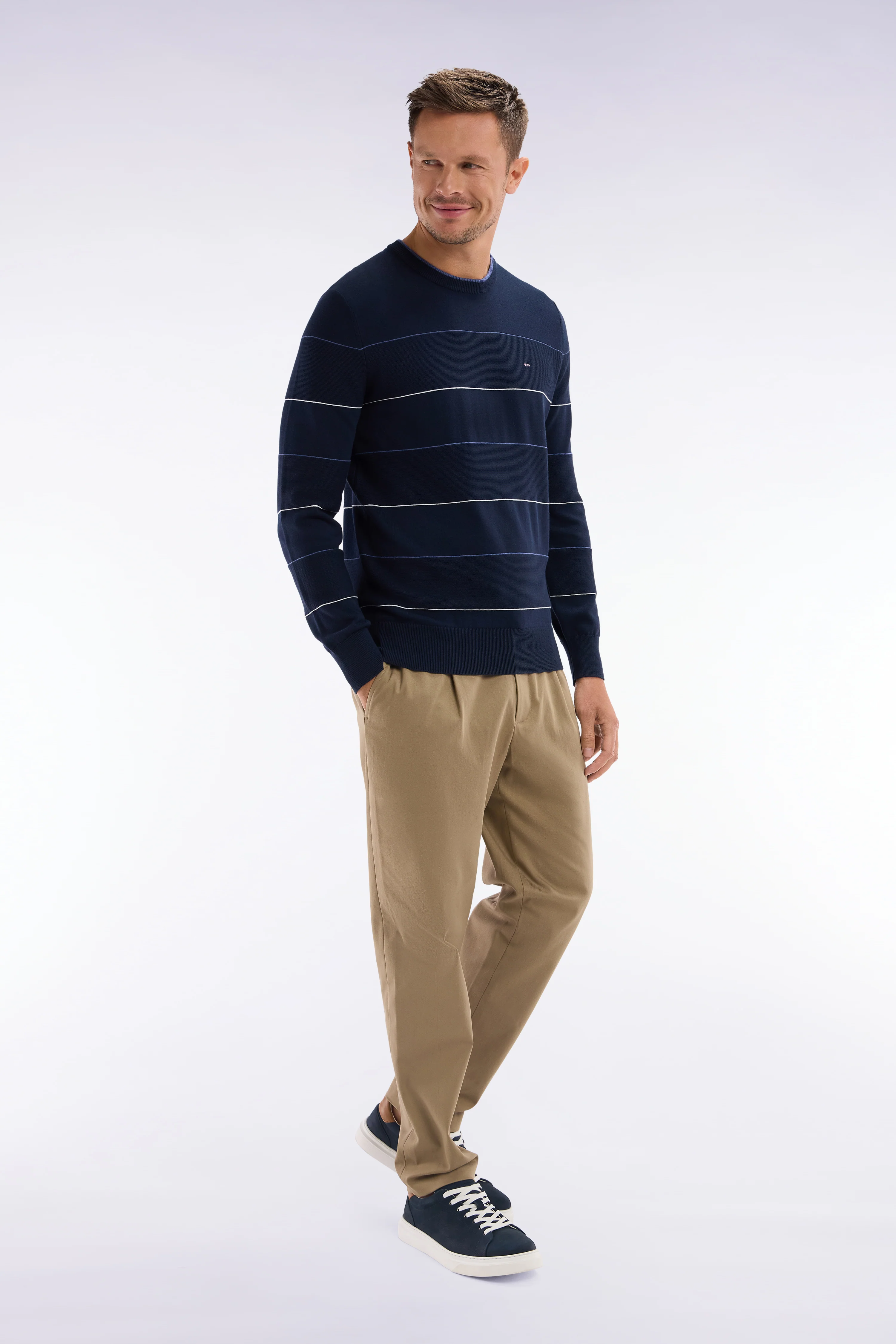 Pull col rond cerclé en coton marine - Image 3
