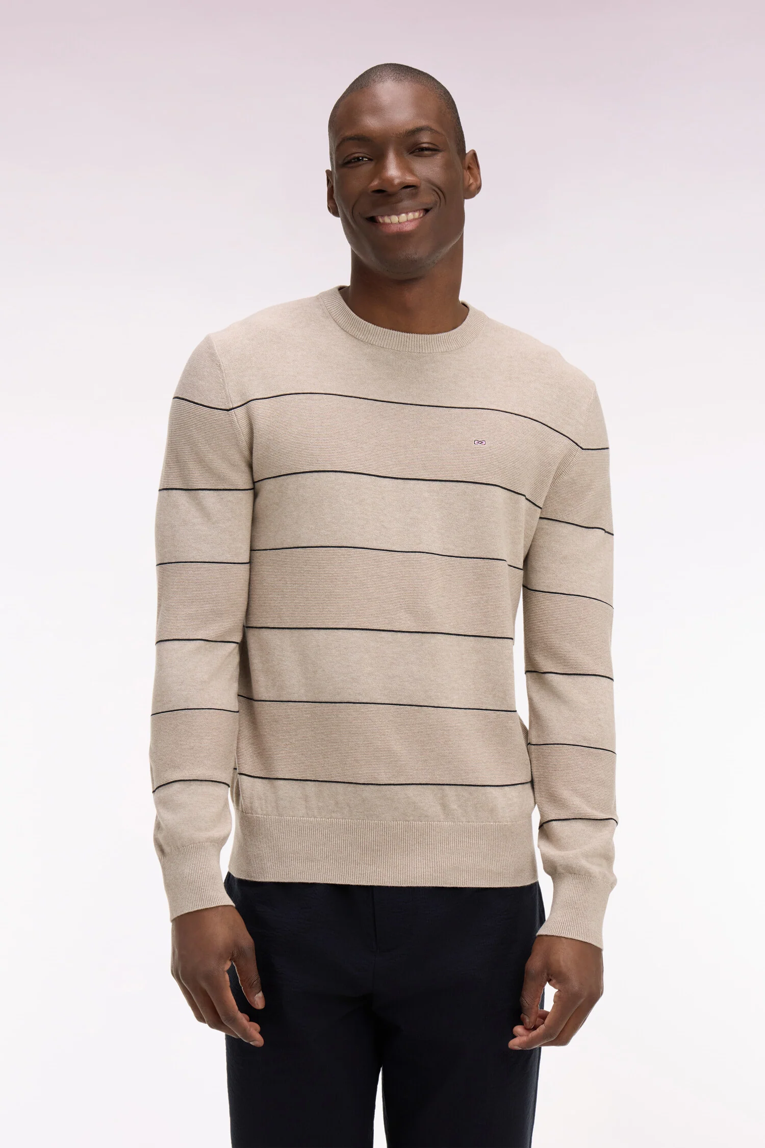Pull col rond en coton beige rayé - Image 3