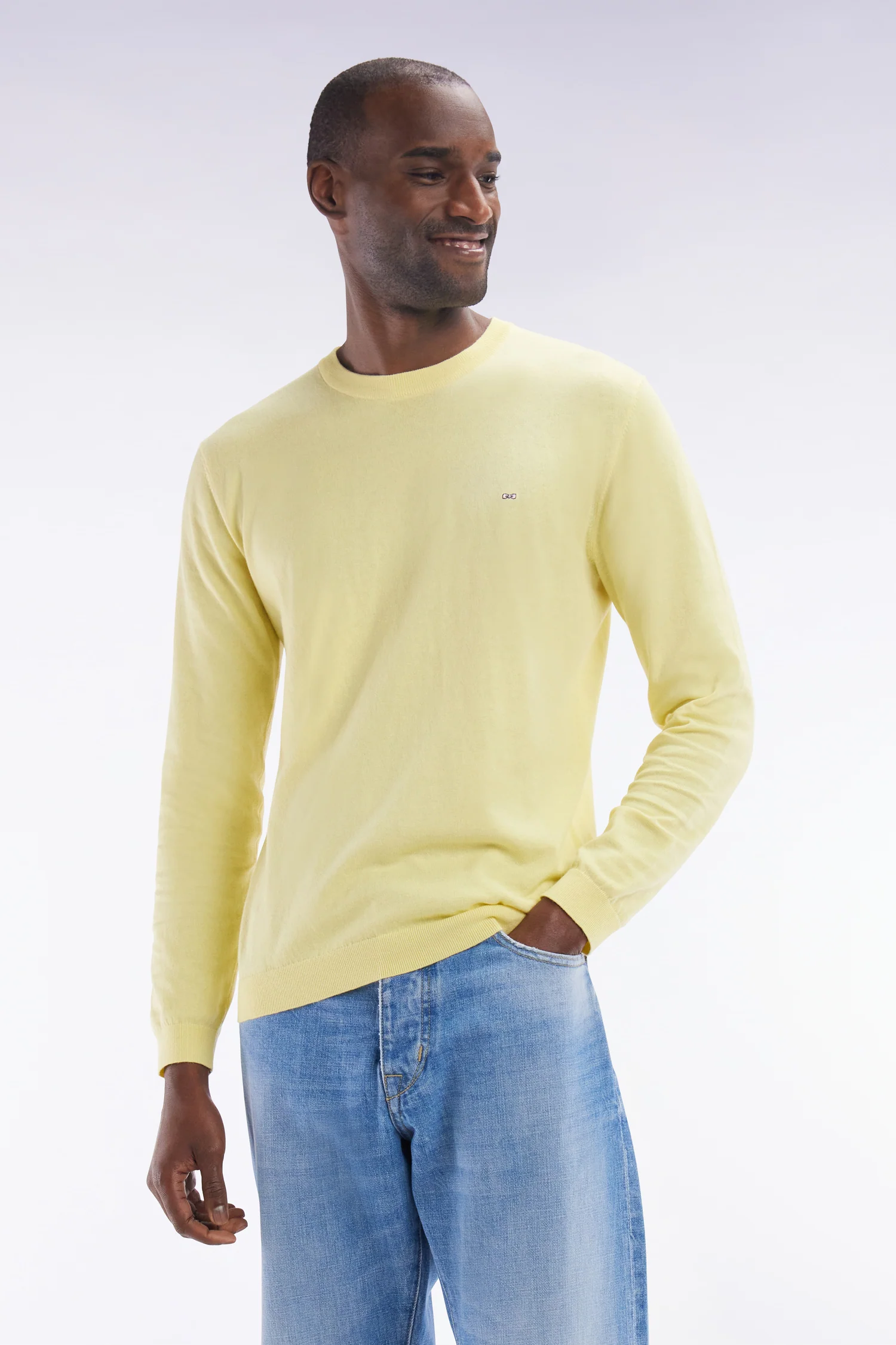 Pull col rond en coton et soie mélangés ivoire coupe droite - Image 3