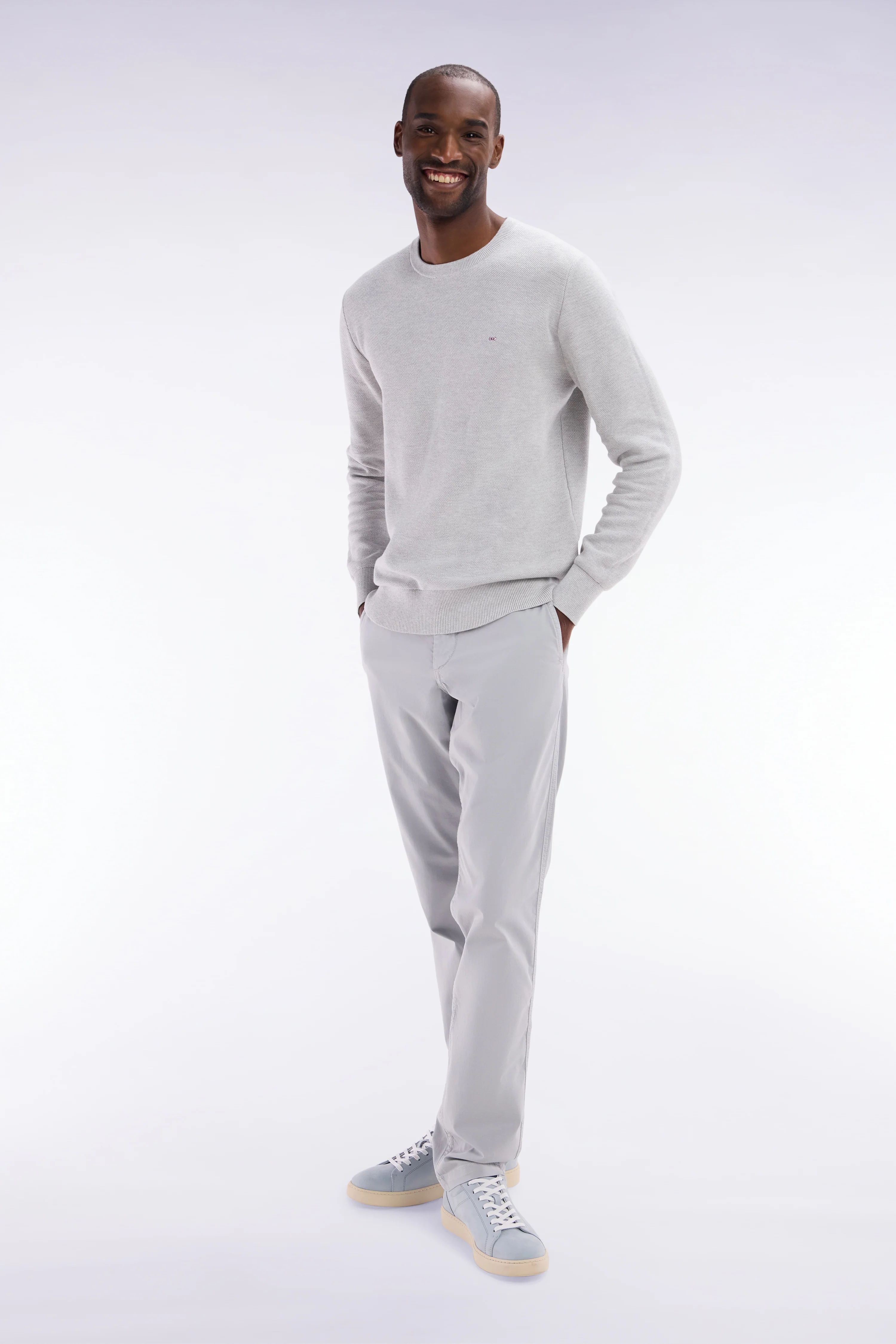 Pull col rond en coton nid d'abeille gris coupe droite - Image 3