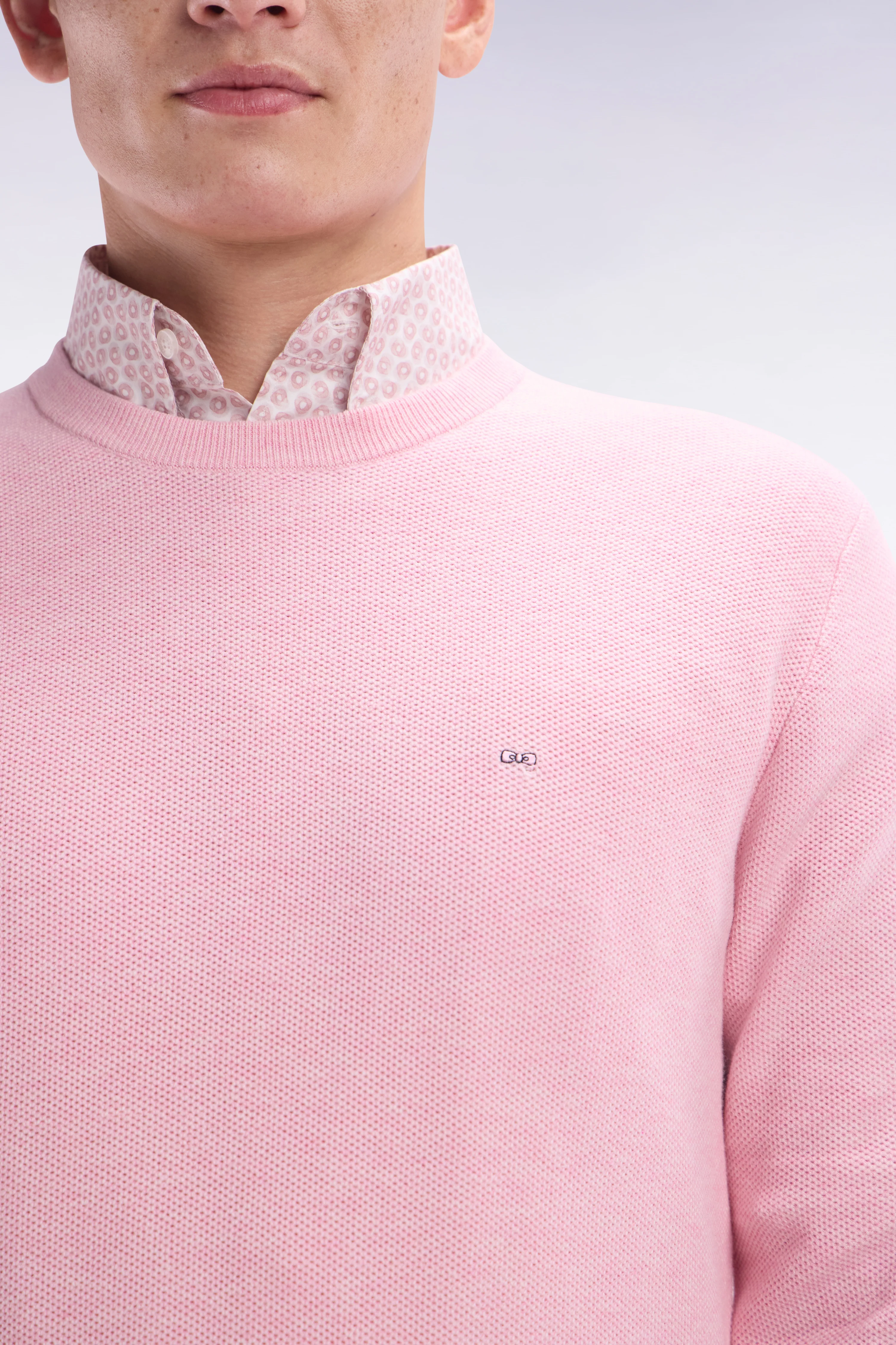 Pull col rond en coton nid d'abeille rose coupe droite - Image 5