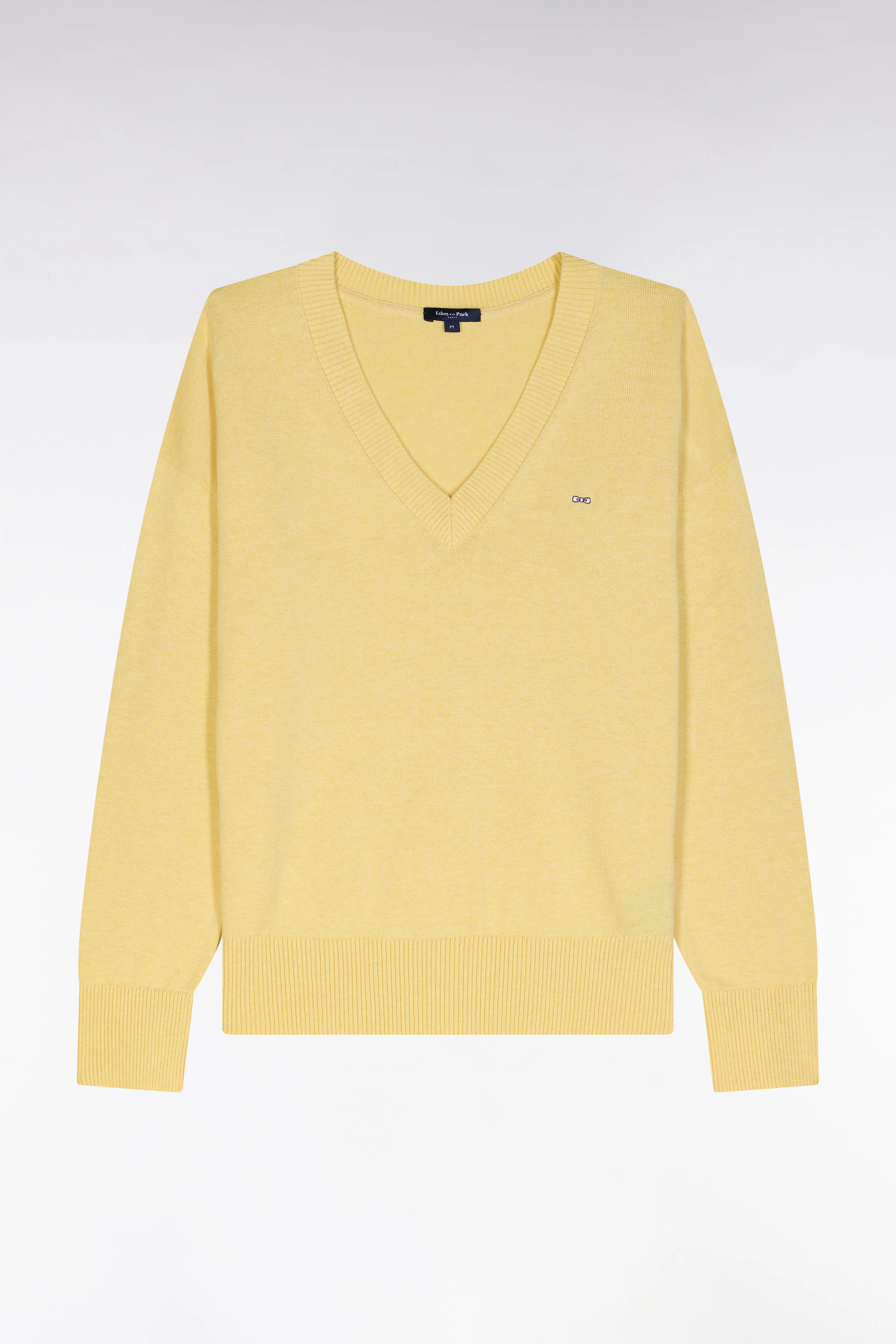 Pull col V en coton jaune coupe décontractée