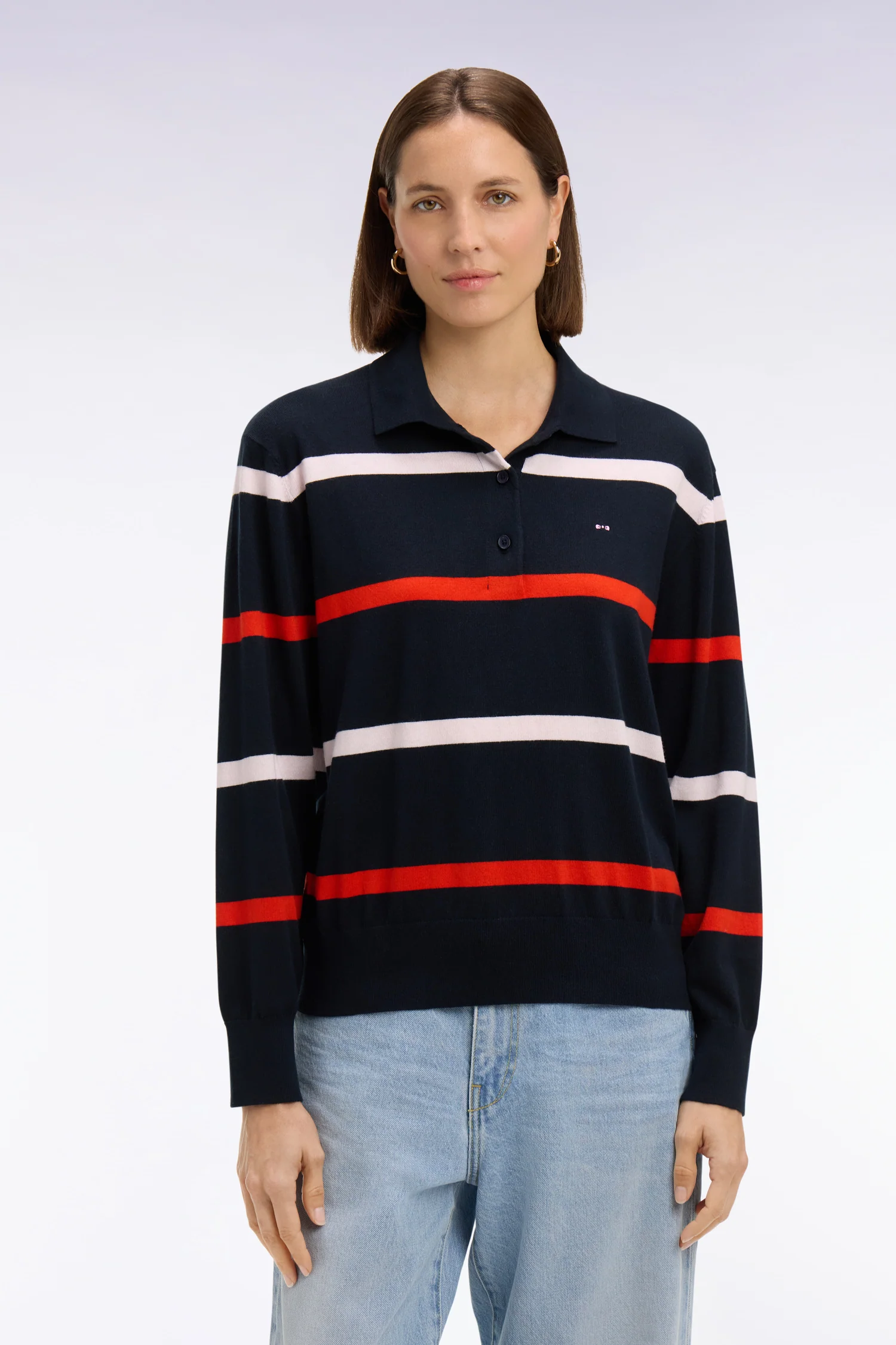 Pull maillot rayé en coton et soie mélangés marine - Image 3