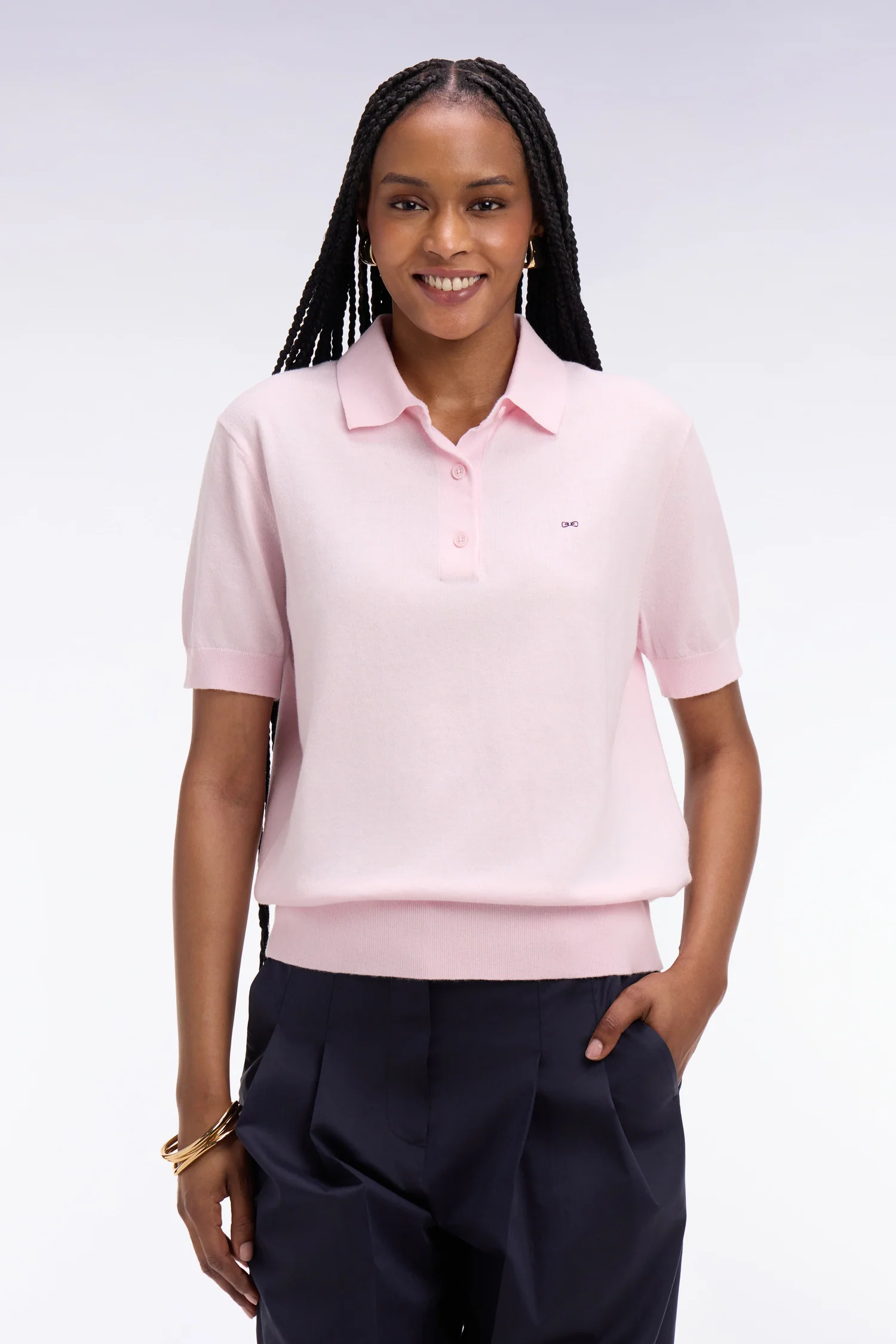 Pull polo à manches courtes en coton et soie mélangés rose coupe regular - Image 3