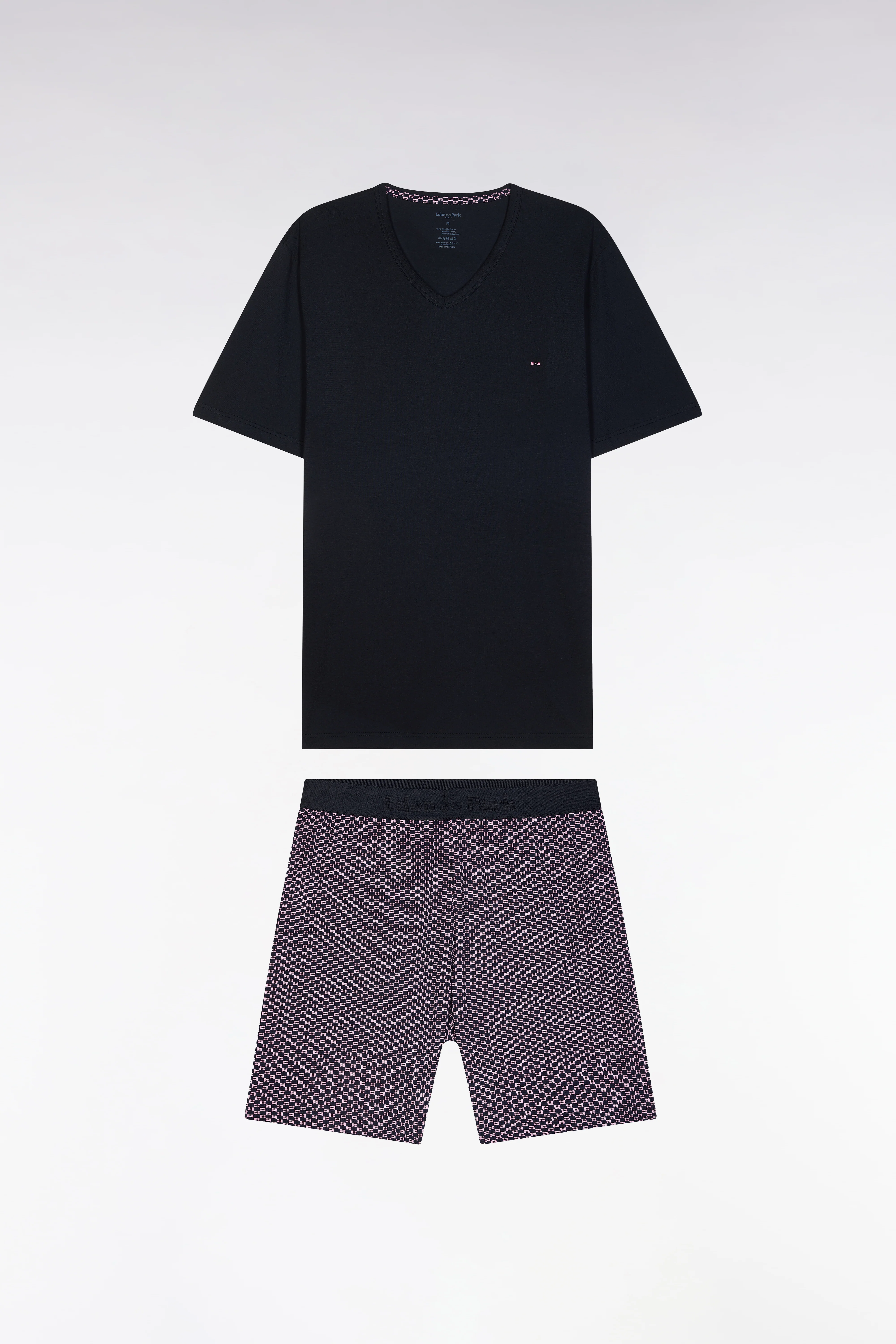 Pyjama court en jersey de coton marine et bordeaux short à micromotifs