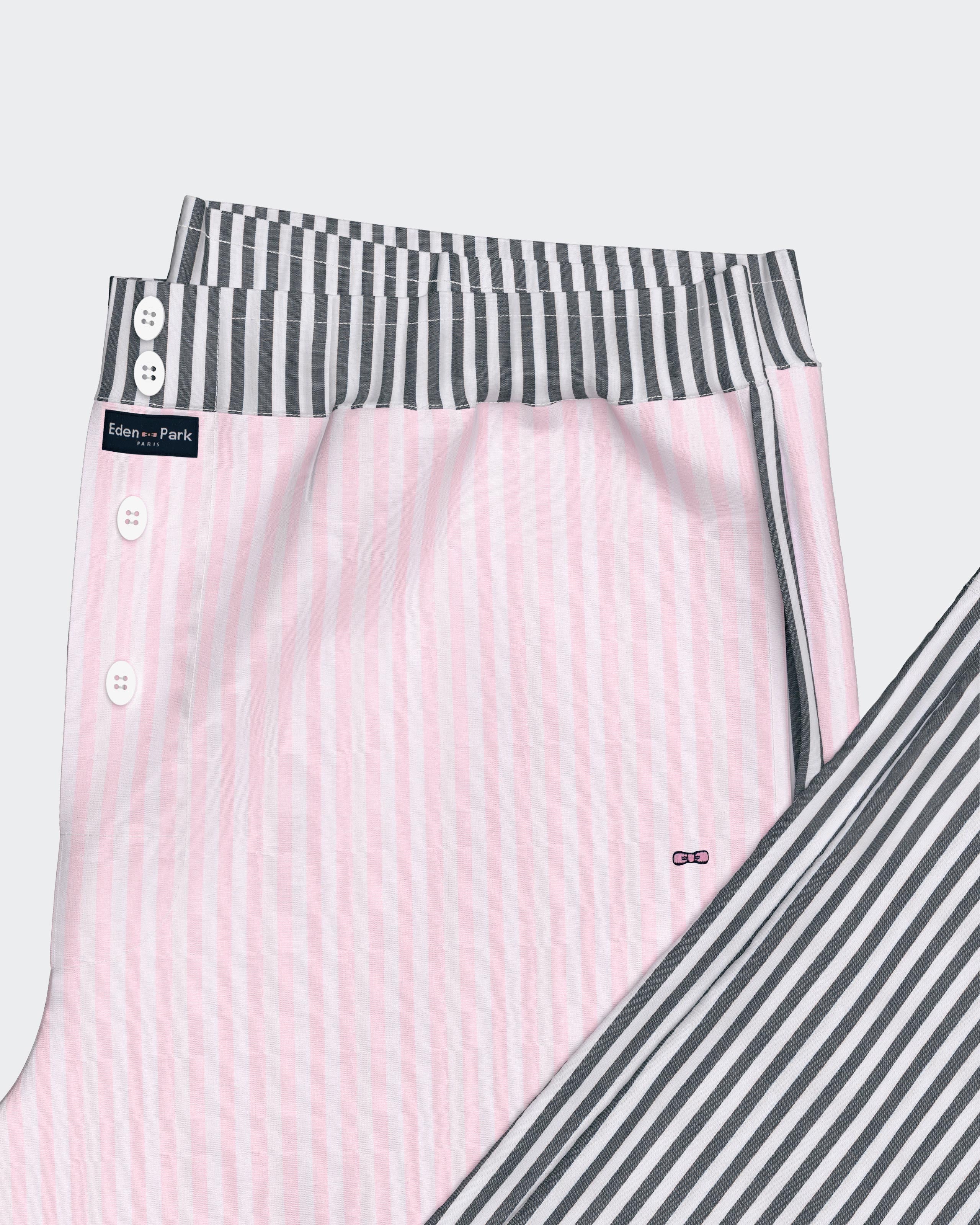 Pyjama long en coton à rayures bicolores marine et roses - Image 3