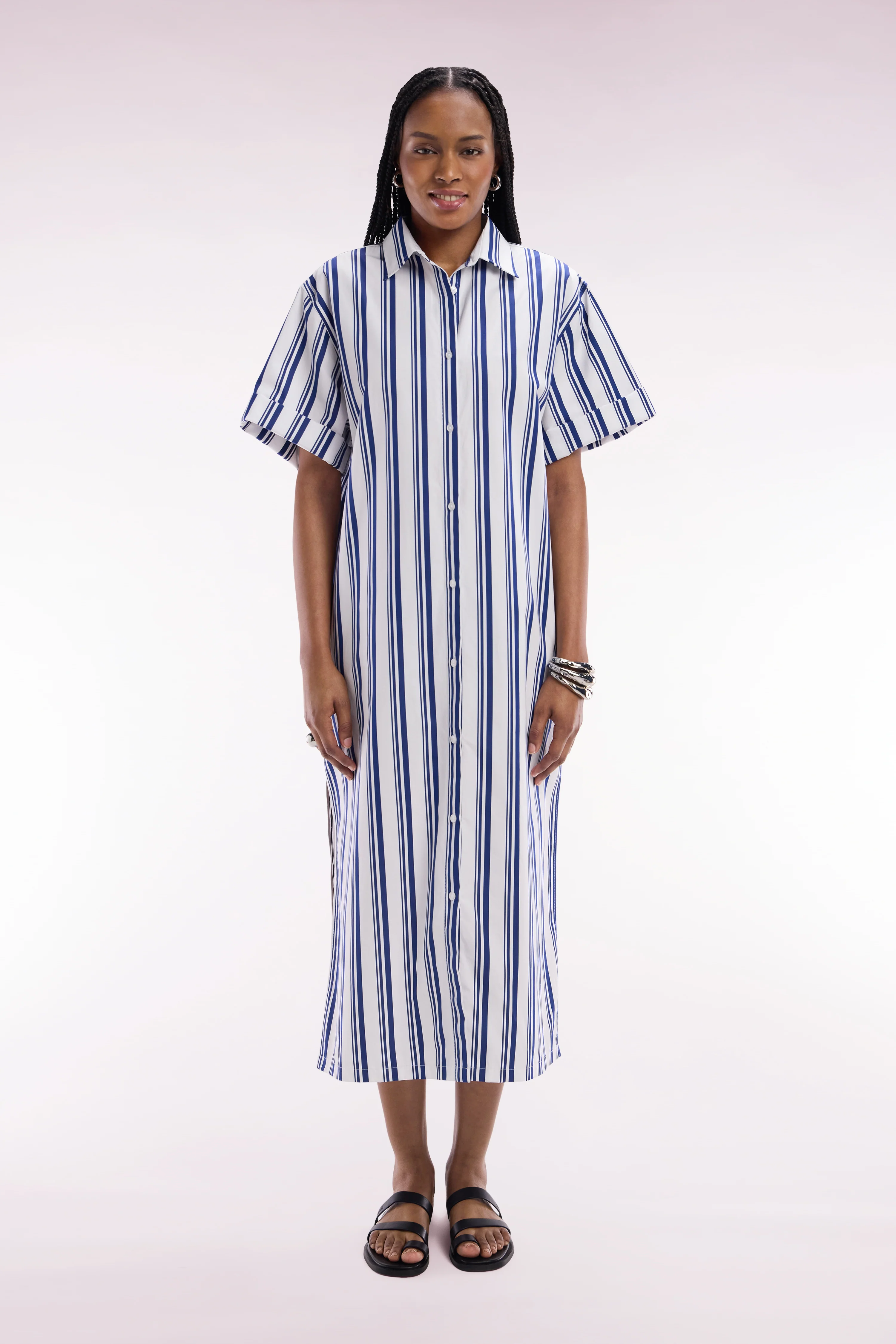 Robe chemise rayée en coton marine et blanc coupe décontractée - Image 3