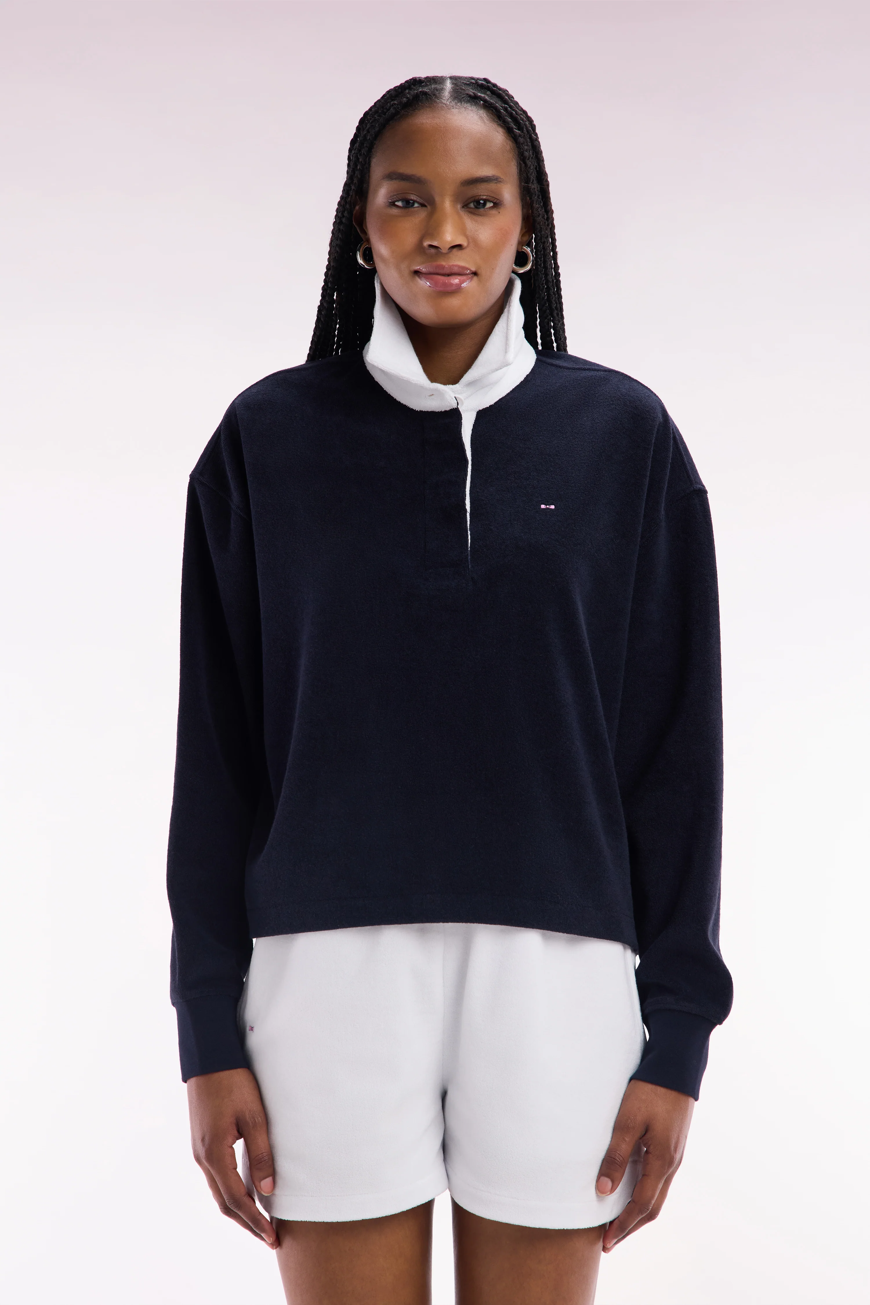 Sweatshirt à col maillot blanc en coton marine - Image 3