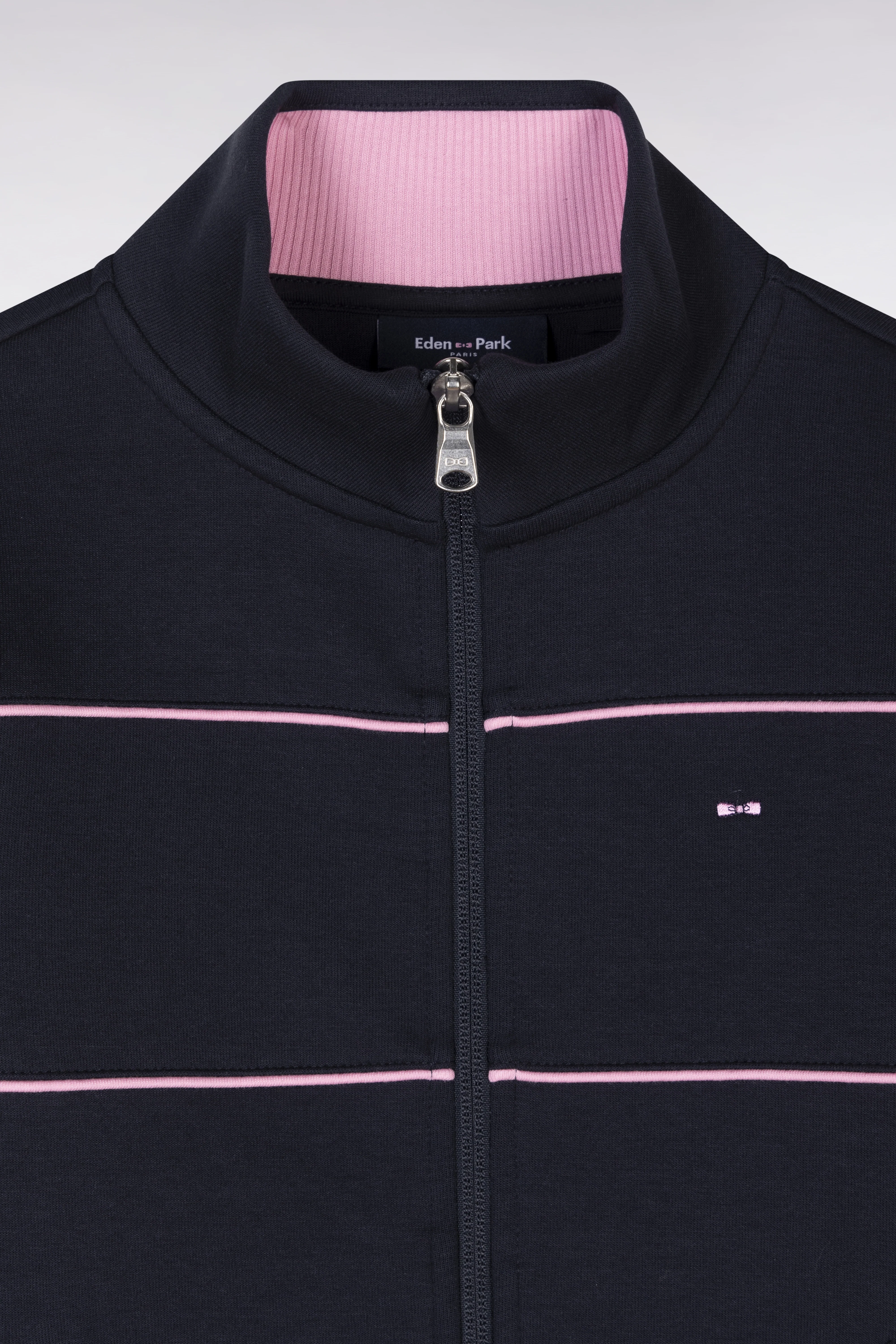Sweatshirt en coton stretch zippé marine passepoils roses coupe droite - Image 2