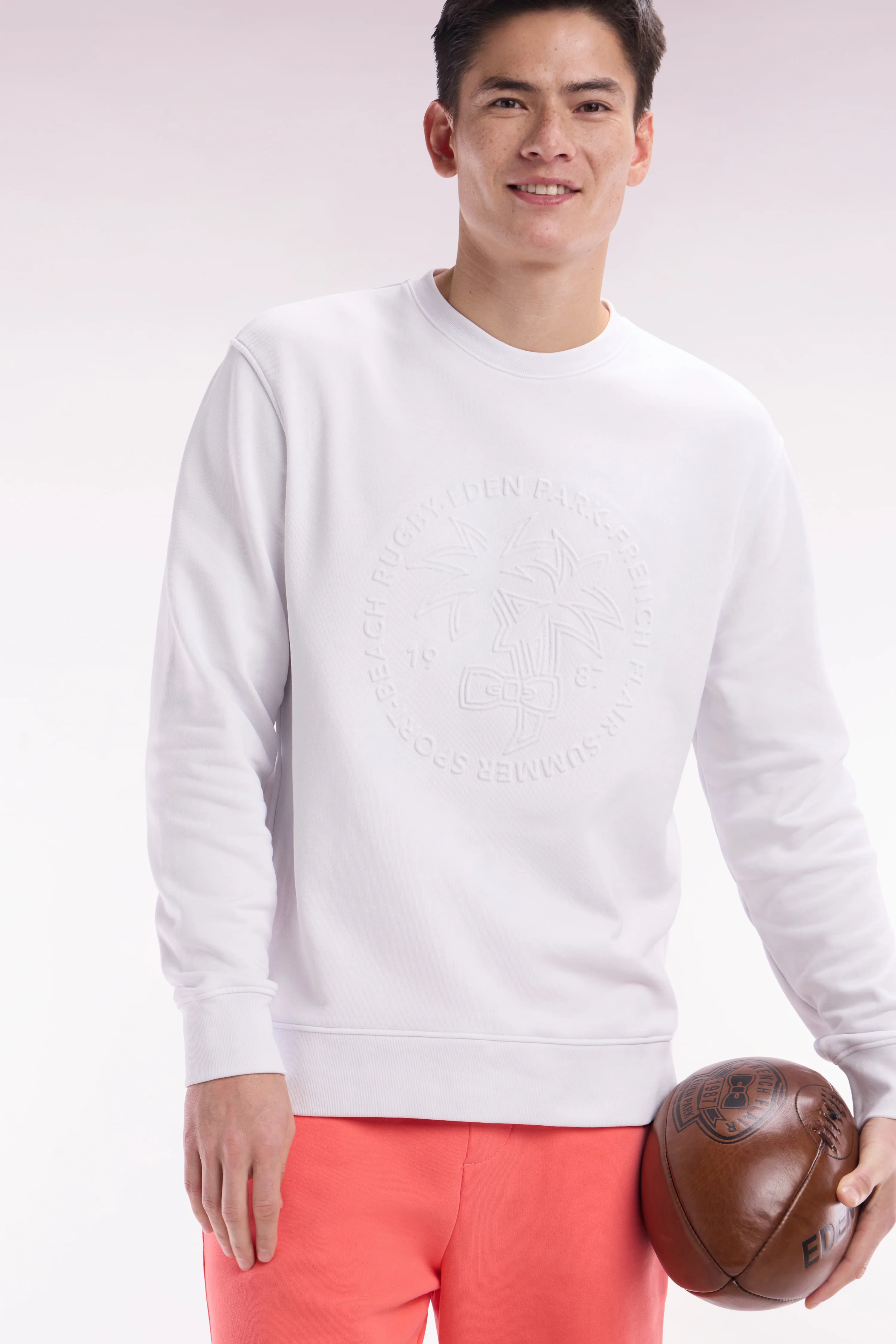 Sweatshirt en molleton coton blanc broderie palmier ton sur ton coupe décontractée - Image 3