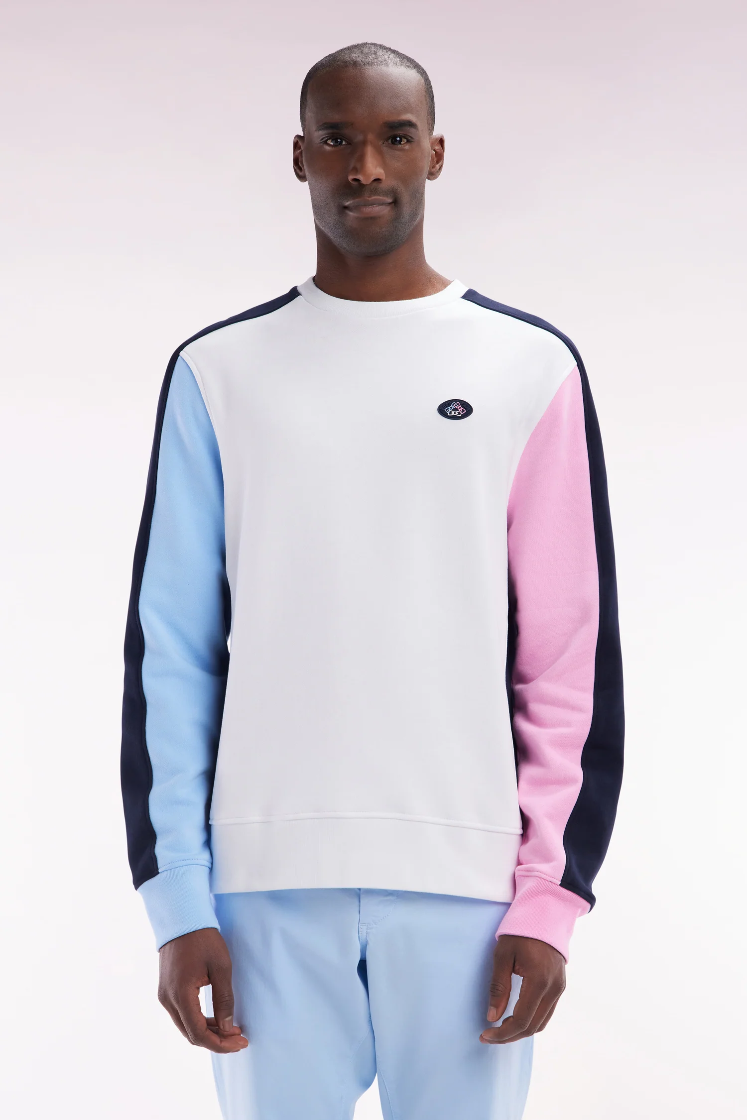 Sweatshirt tricolore en molleton coton blanc coupe droite