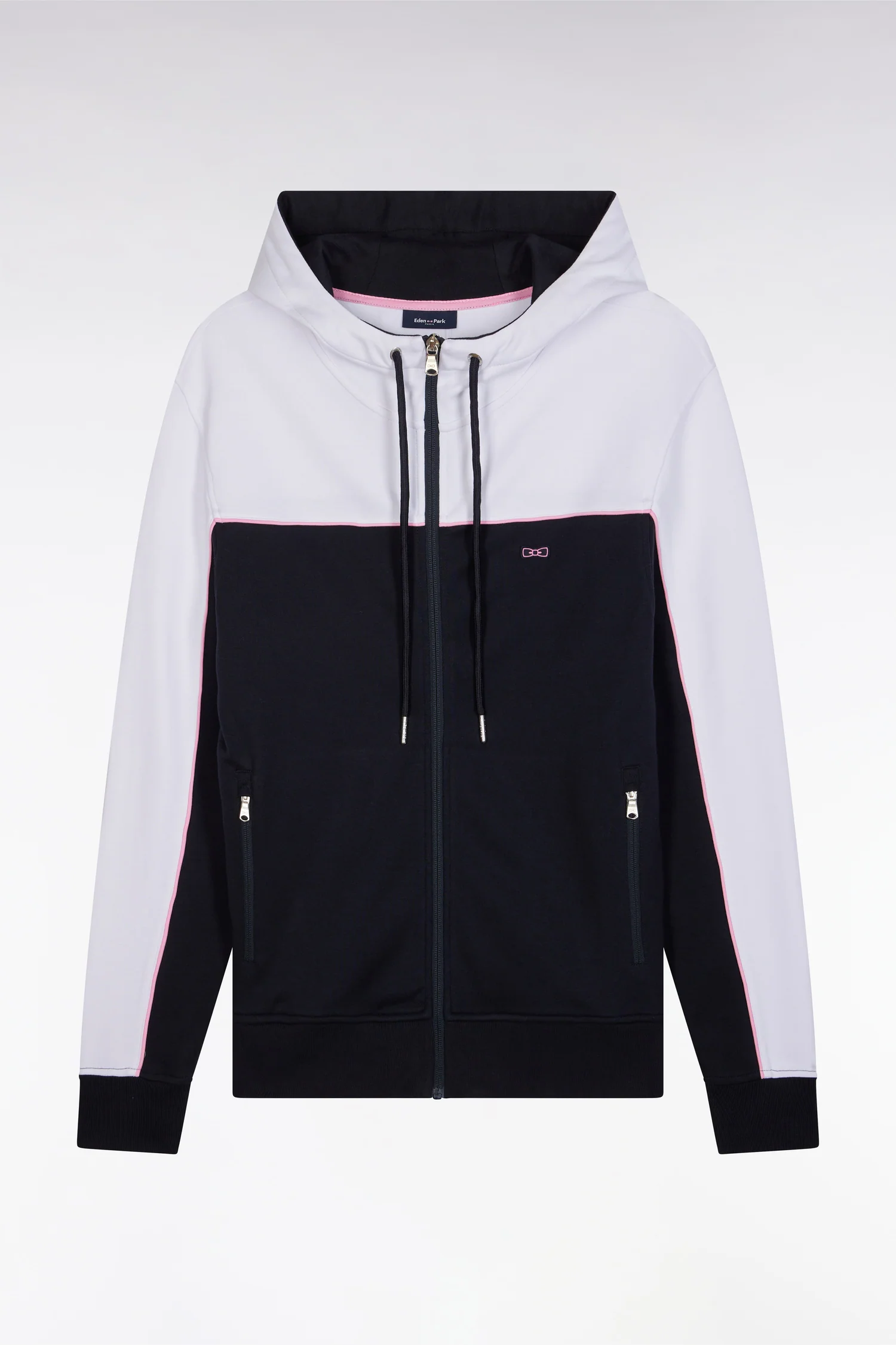 Sweatshirt zippé à capuche en coton marine et blanc coupe droite - Image 2