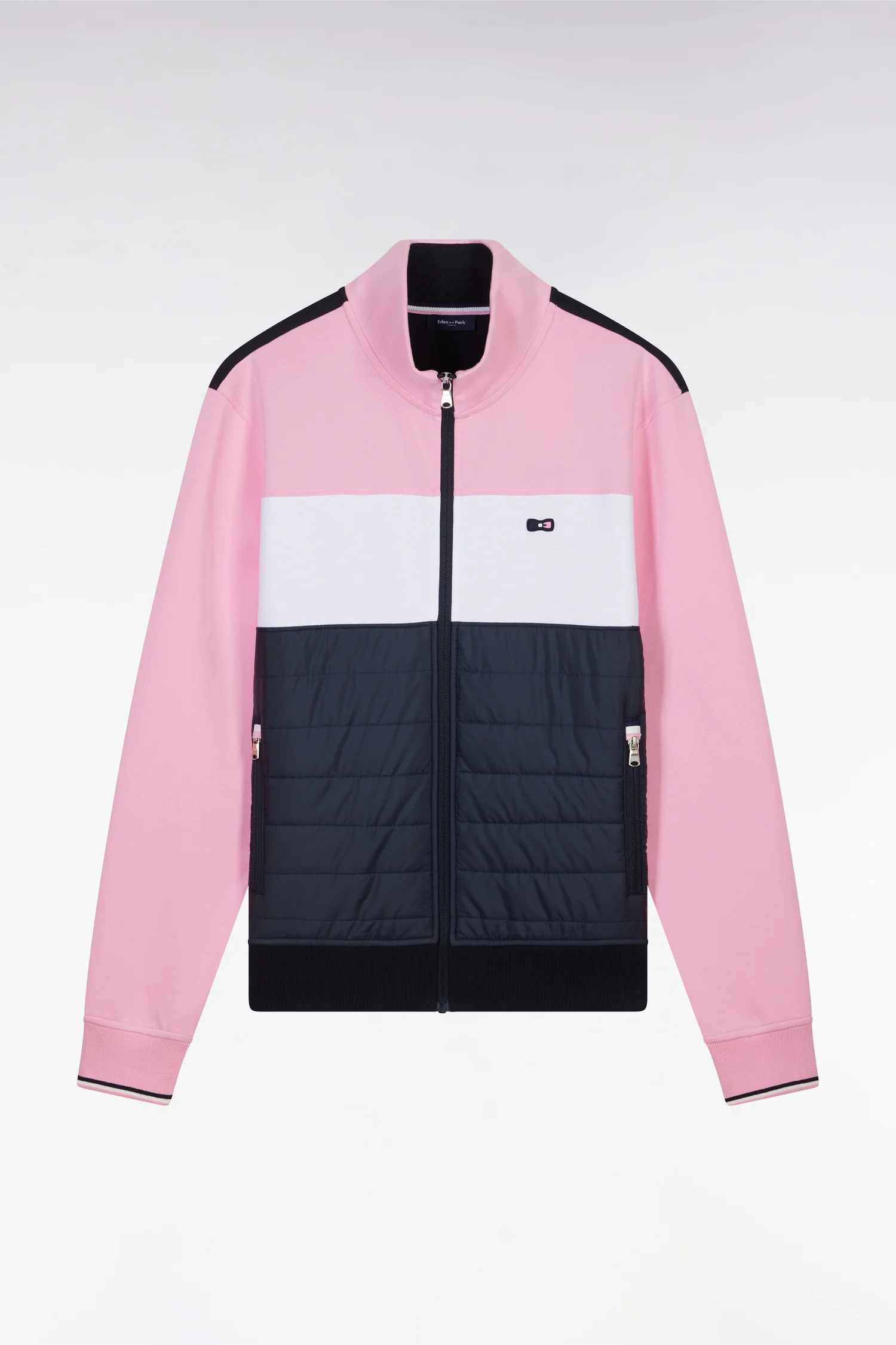 Sweatshirt zippé bimatière en molleton coton stretch rose parmenture matelassée coupe droite - Image 2