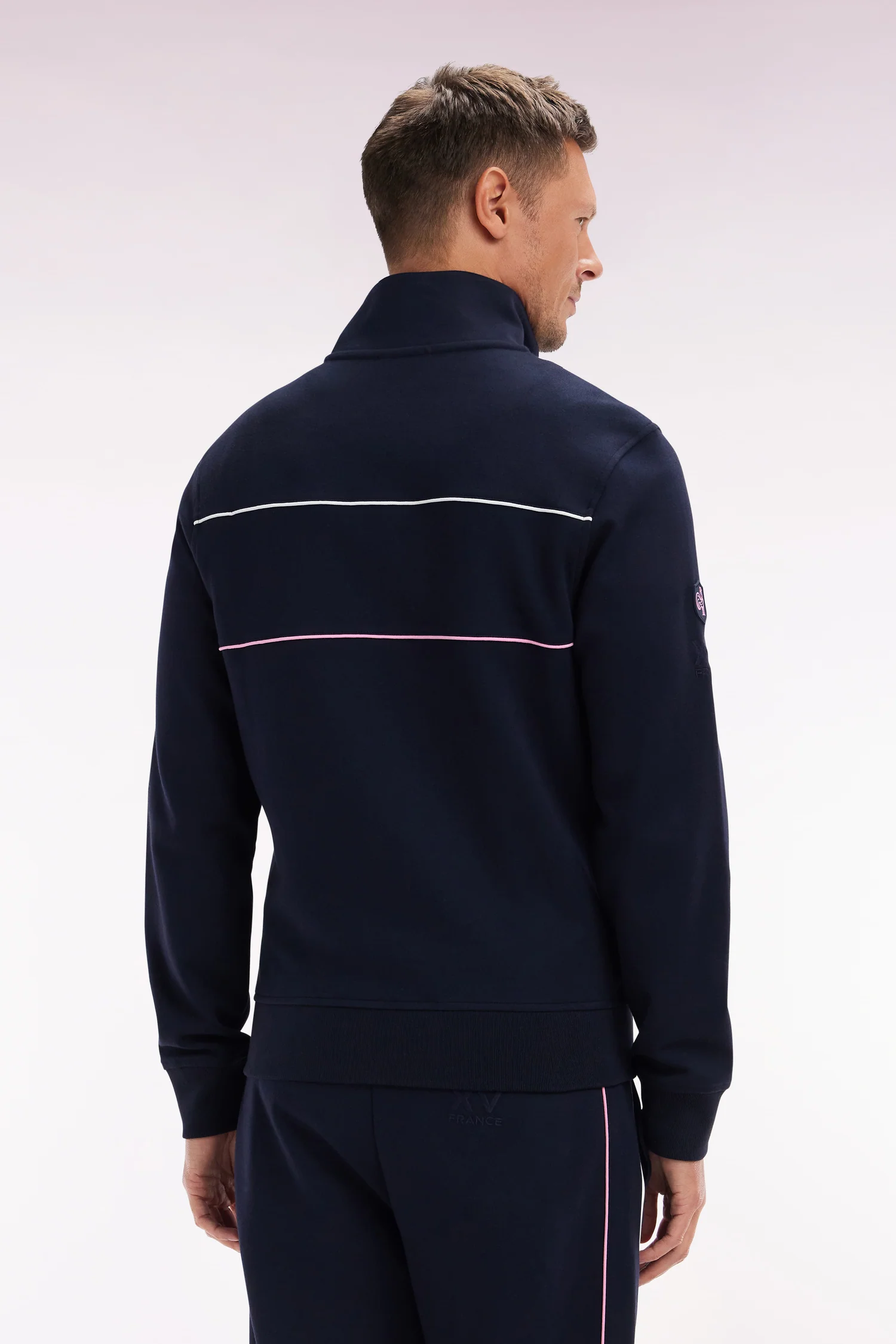 Sweatshirt zippé en coton stretch marine passepoil contrastés coupe droite - Image 4