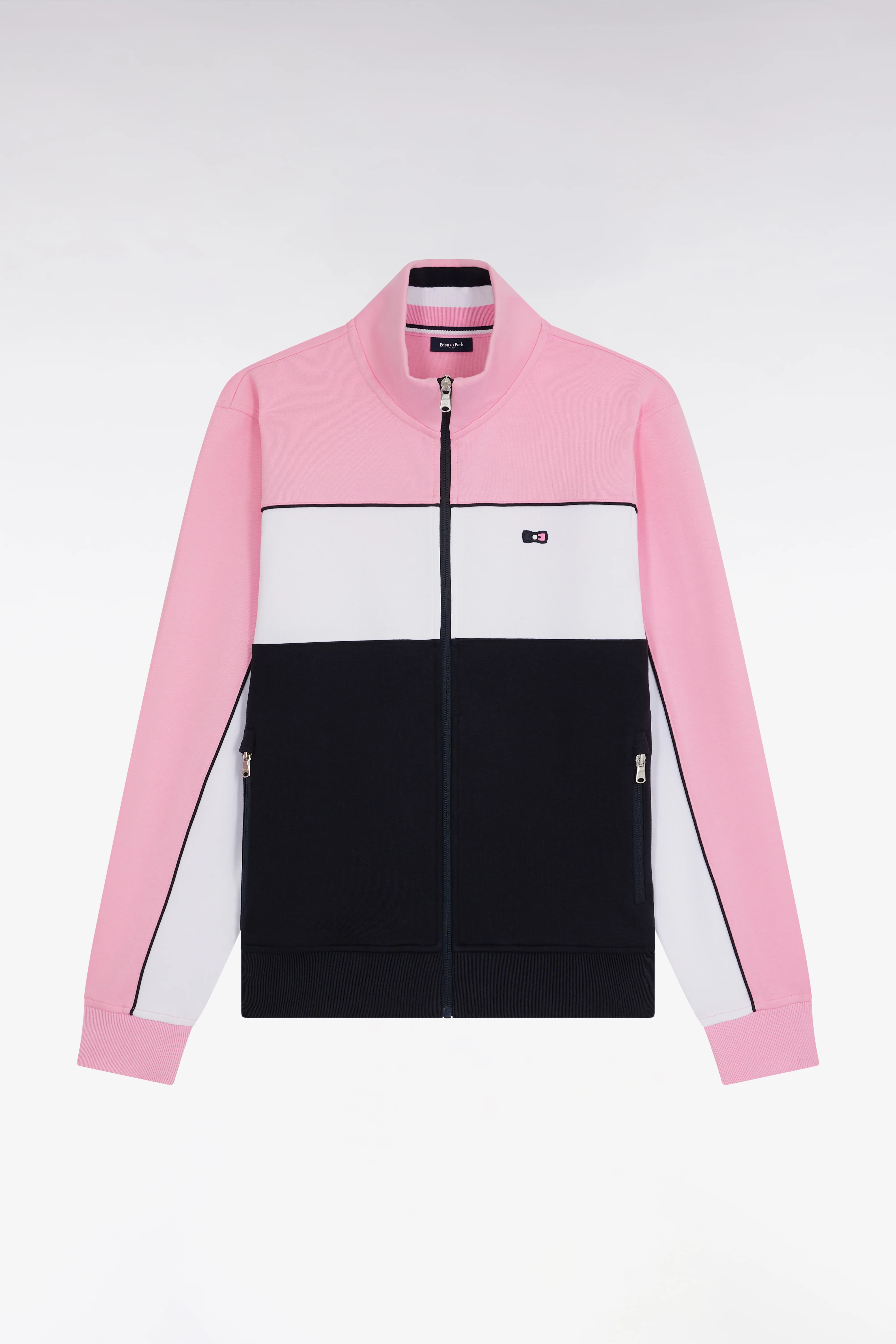 Sweatshirt zippé en molleton coton stretch tricolore rose coupe droite