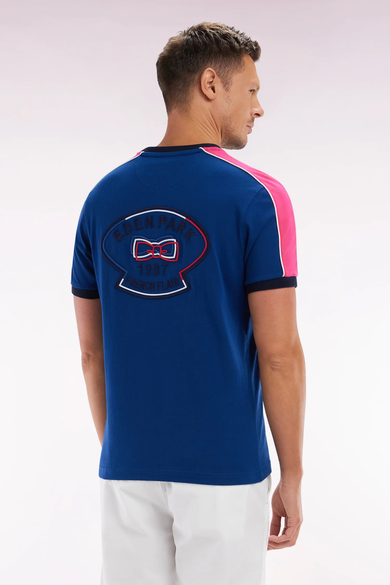 T-shirt en coton bleu foncé broderie dos et découpes coupe droite - Image 4