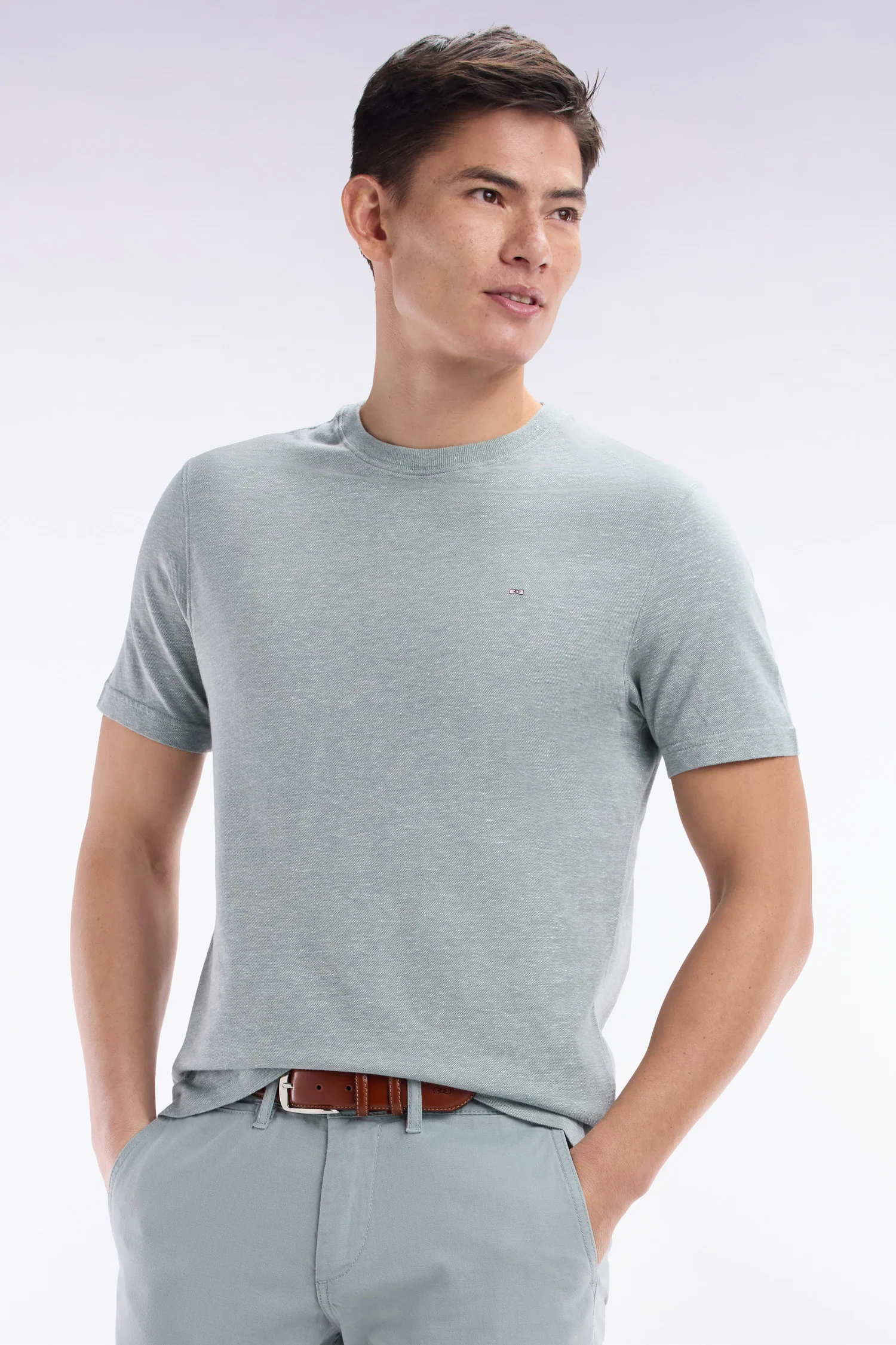 T-shirt en coton et lin gris moyen coupe droite - Image 3