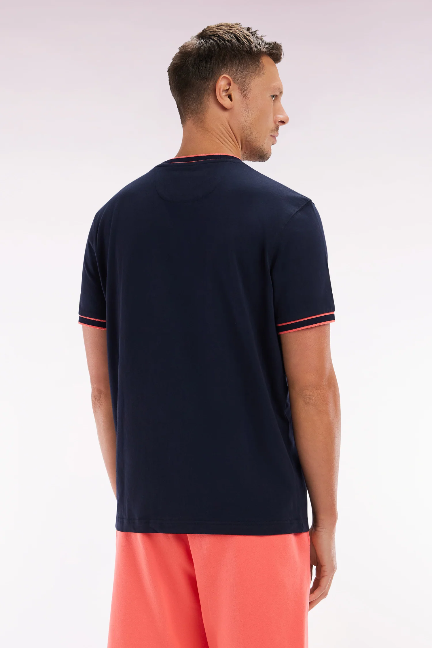 T-shirt en coton marine à bords-côtes corail coupe décontractée - Image 4