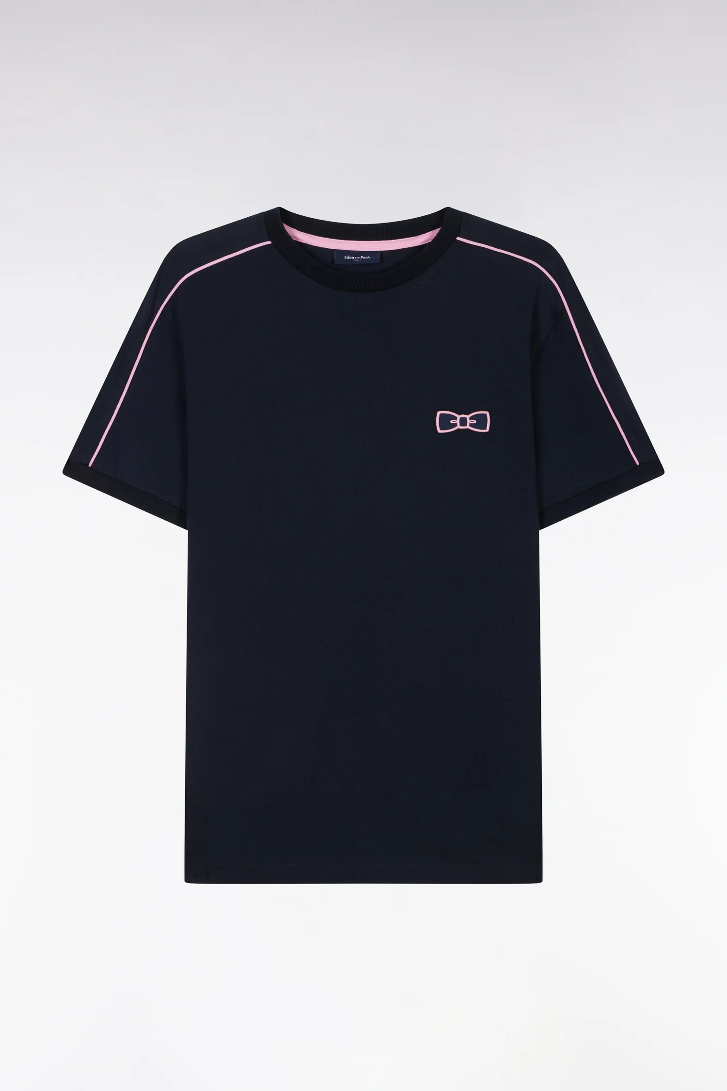 T-shirt en coton marine Ă passepoil et broderie roses coupe droite - Image 2