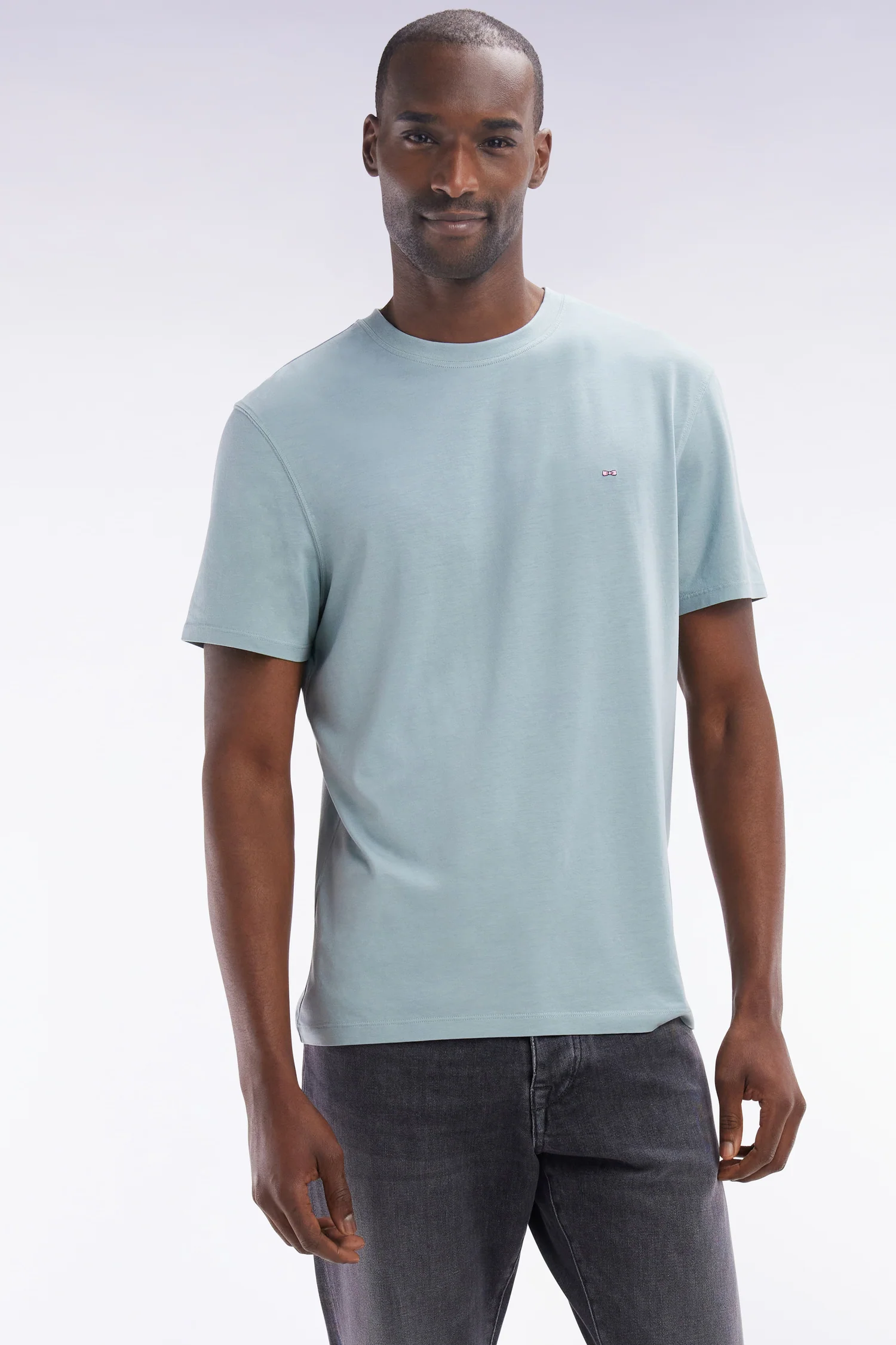 T-shirt vert d'eau uni en lyocell et coton coupe droite - Image 3