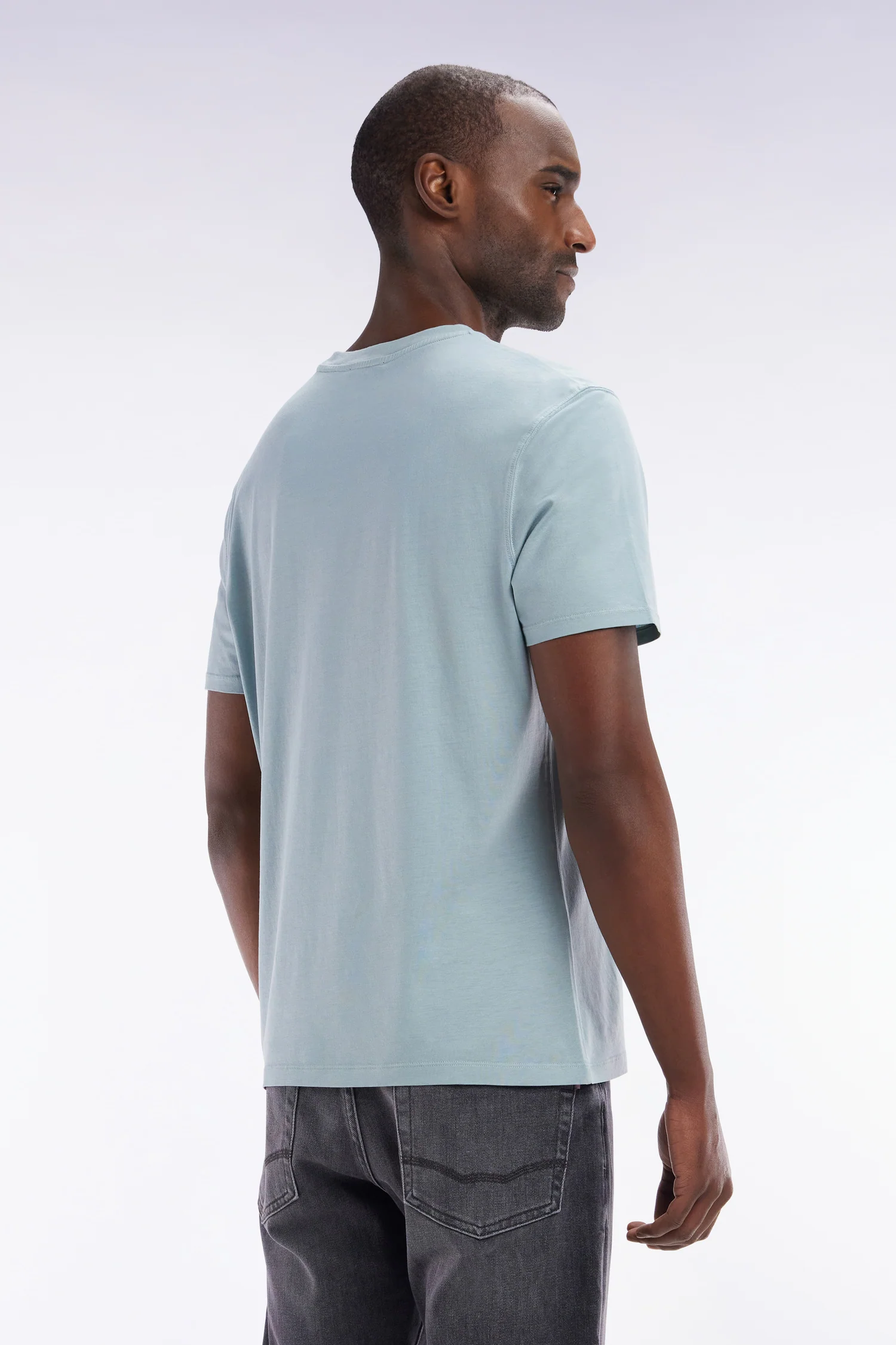 T-shirt vert d'eau uni en lyocell et coton coupe droite - Image 4